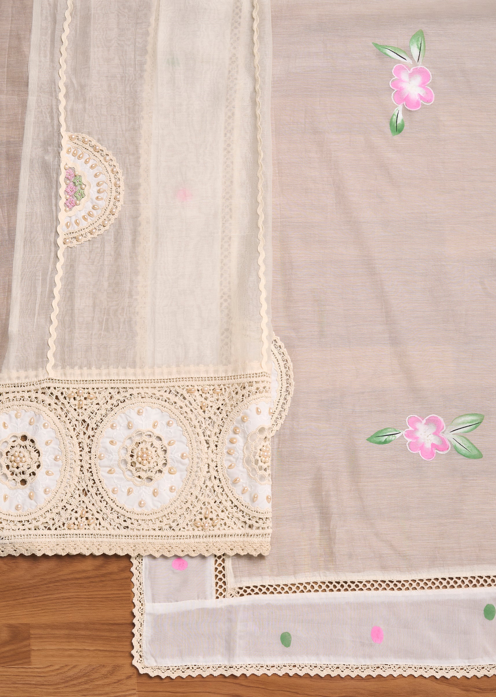 Ivory Chanderi Embroidered Unstitched Suit Set