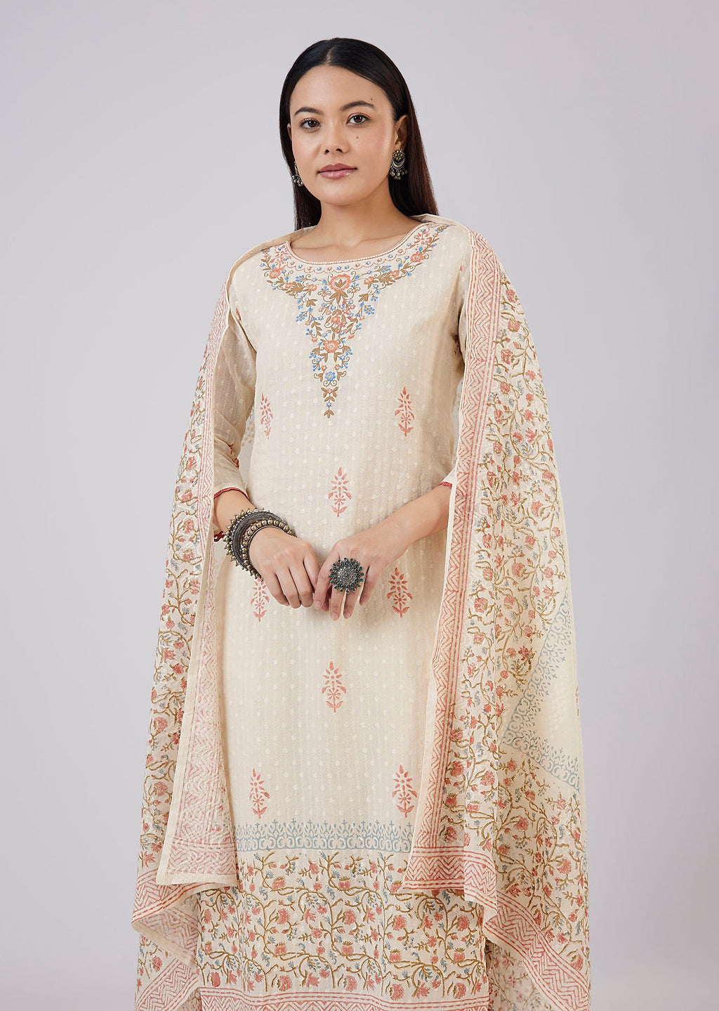 Ivory Cotton Kurta Set With Hand Block Print