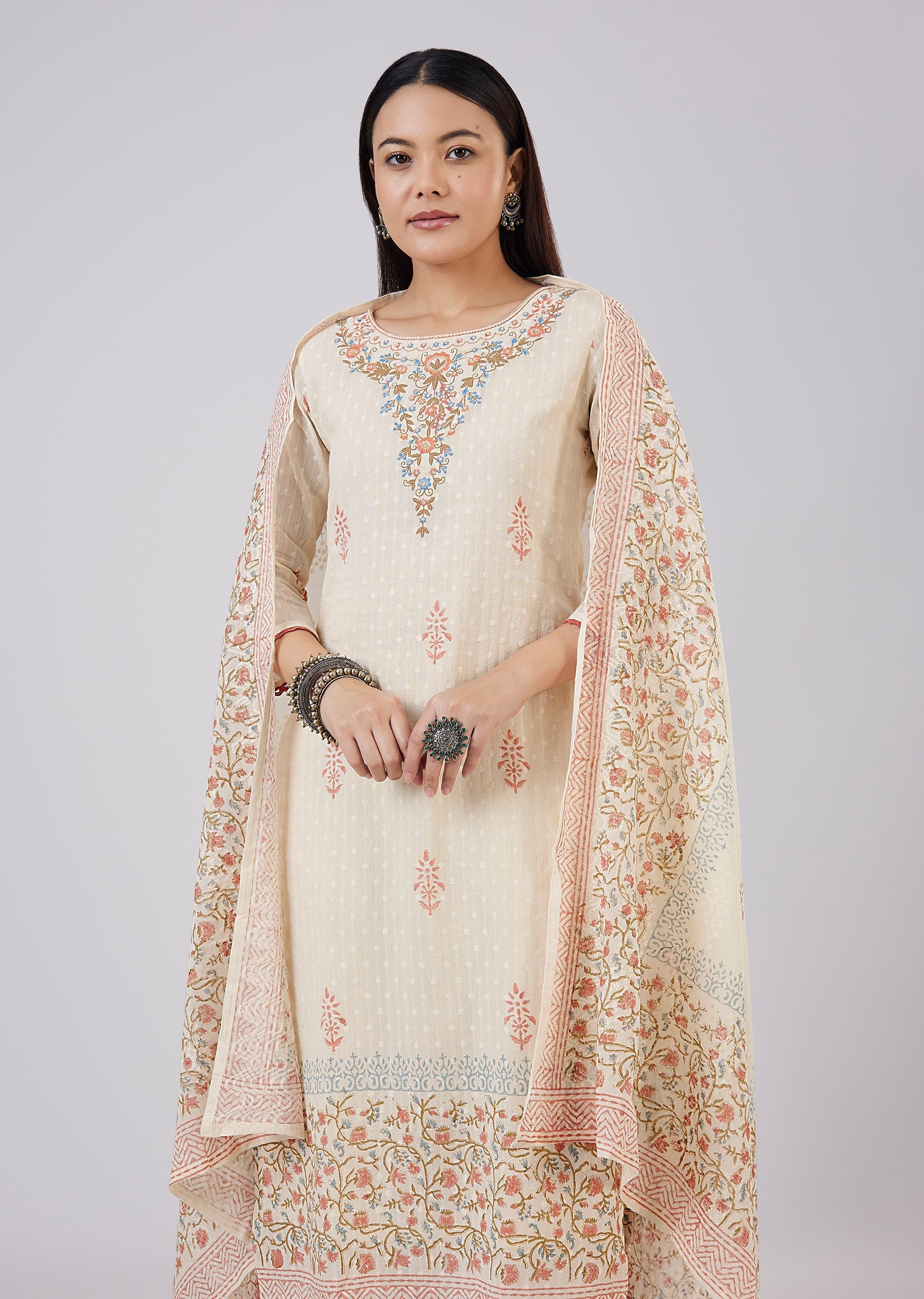 Ivory Cotton Kurta Set With Hand Block Print
