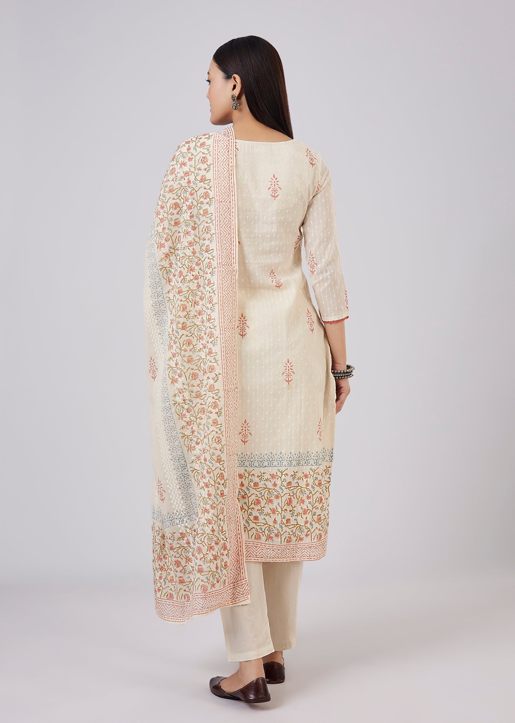 Ivory Cotton Kurta Set With Hand Block Print