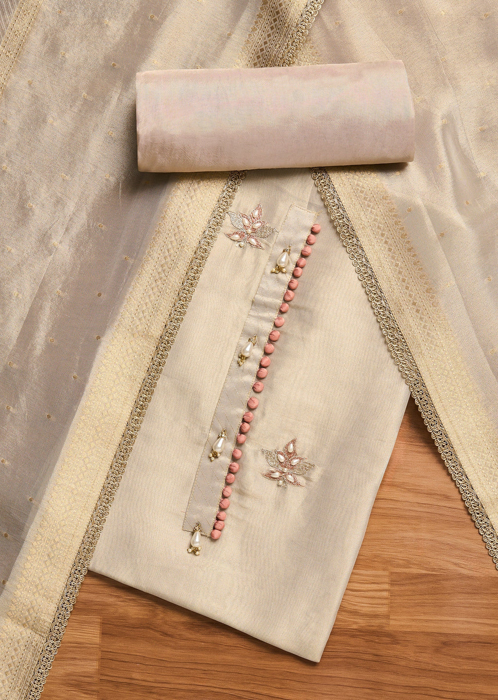 Ivory Crepe Unstitched Suit With Dupatta