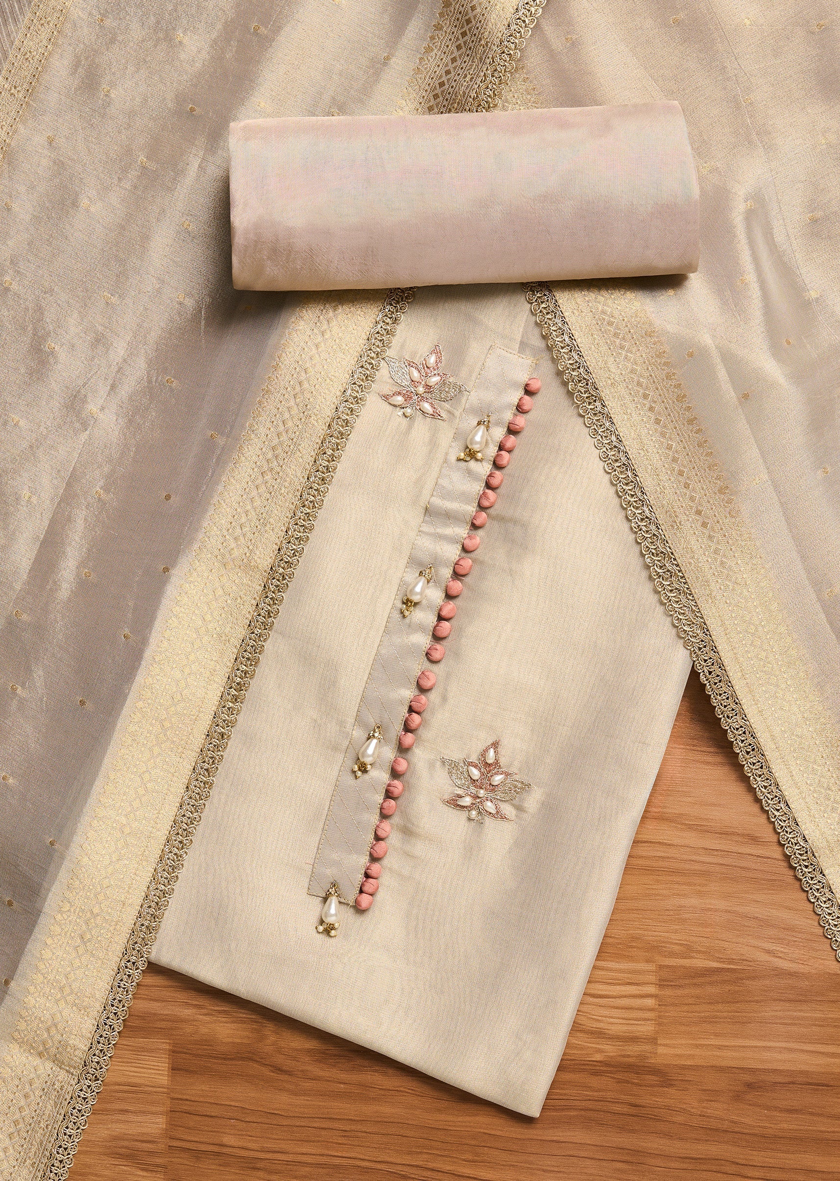 Ivory Crepe Unstitched Suit With Dupatta