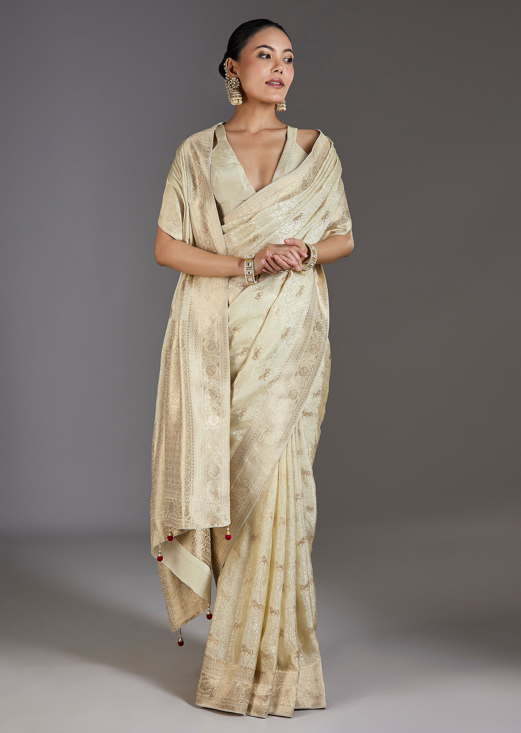 Ivory Jacquard Dola Silk Saree