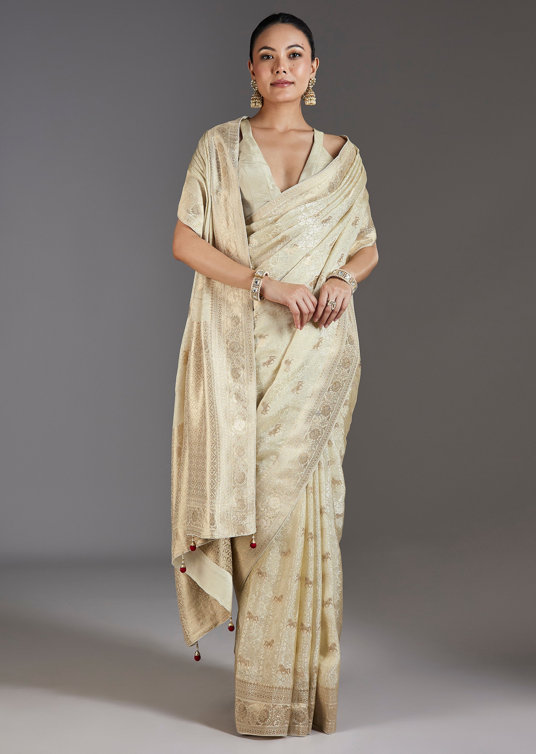 Ivory Jacquard Dola Silk Saree