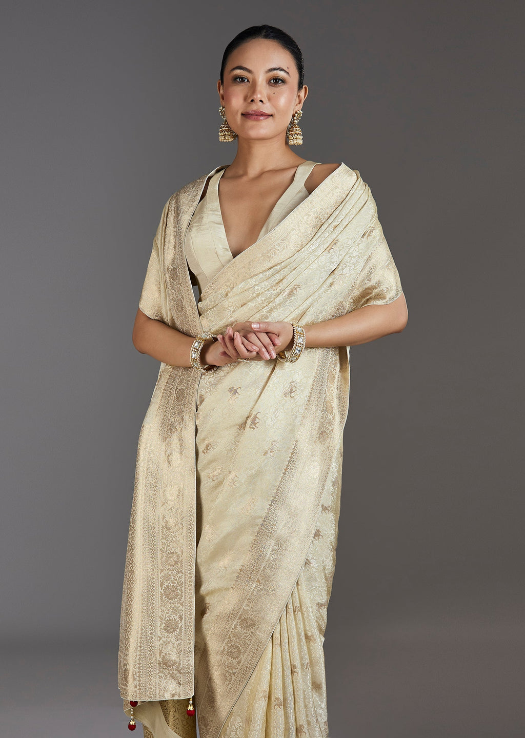 Ivory Jacquard Dola Silk Saree