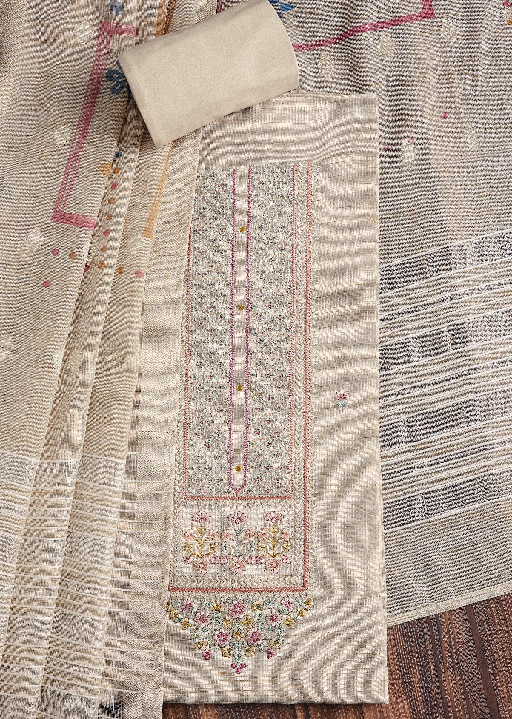 Ivory Linen Embroidered Unstitched Suit Set