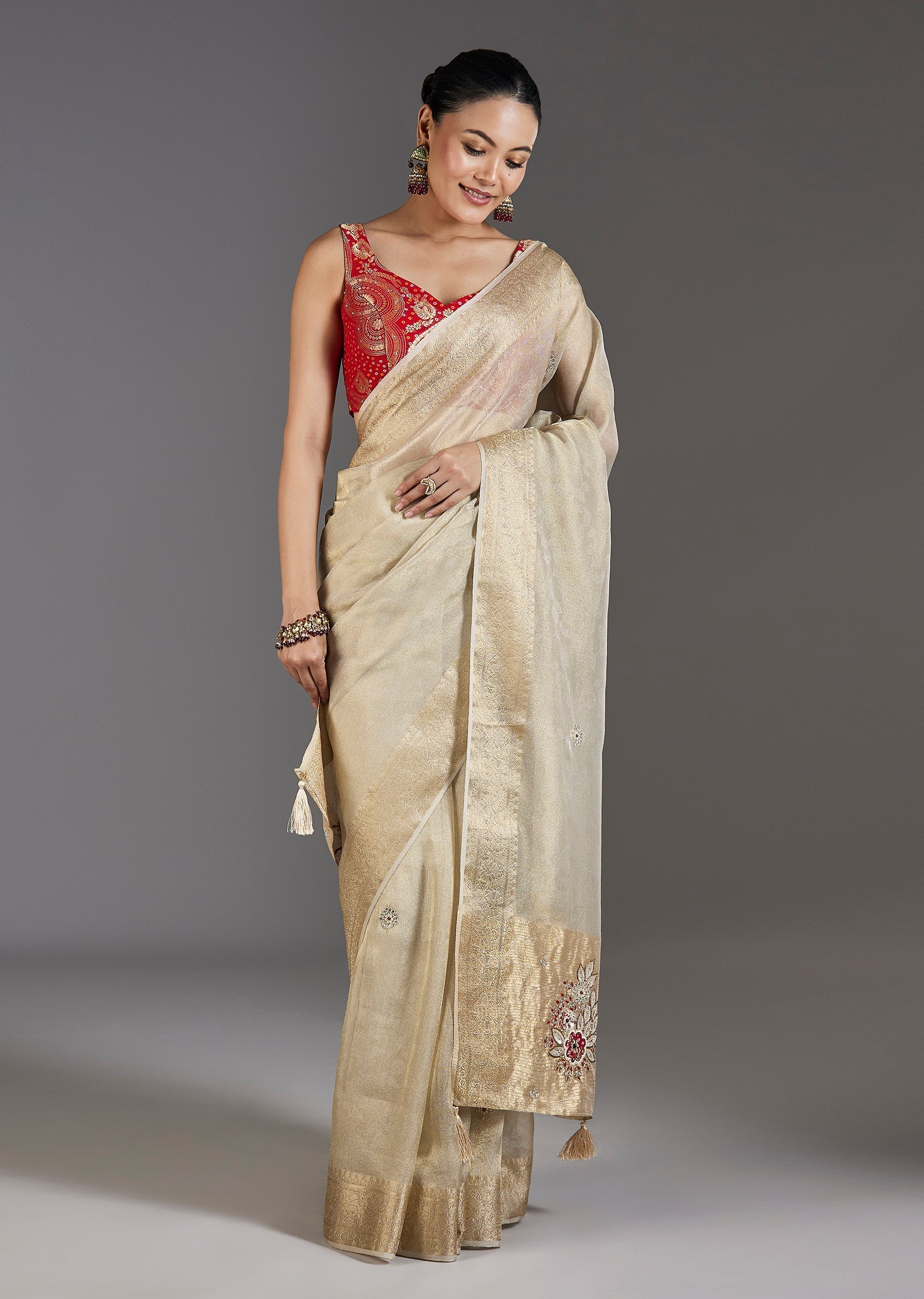 Ivory Tissue Embroidered Saree