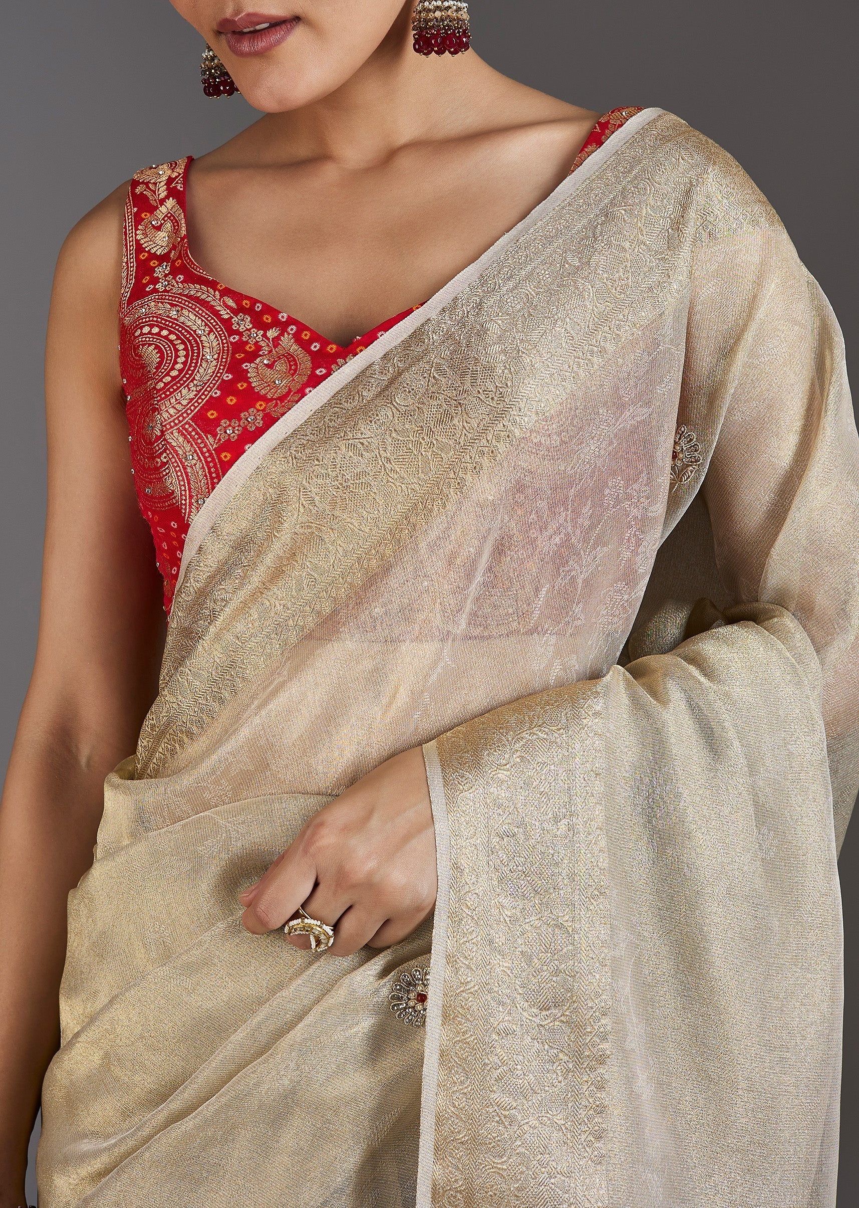 Ivory Tissue Embroidered Saree