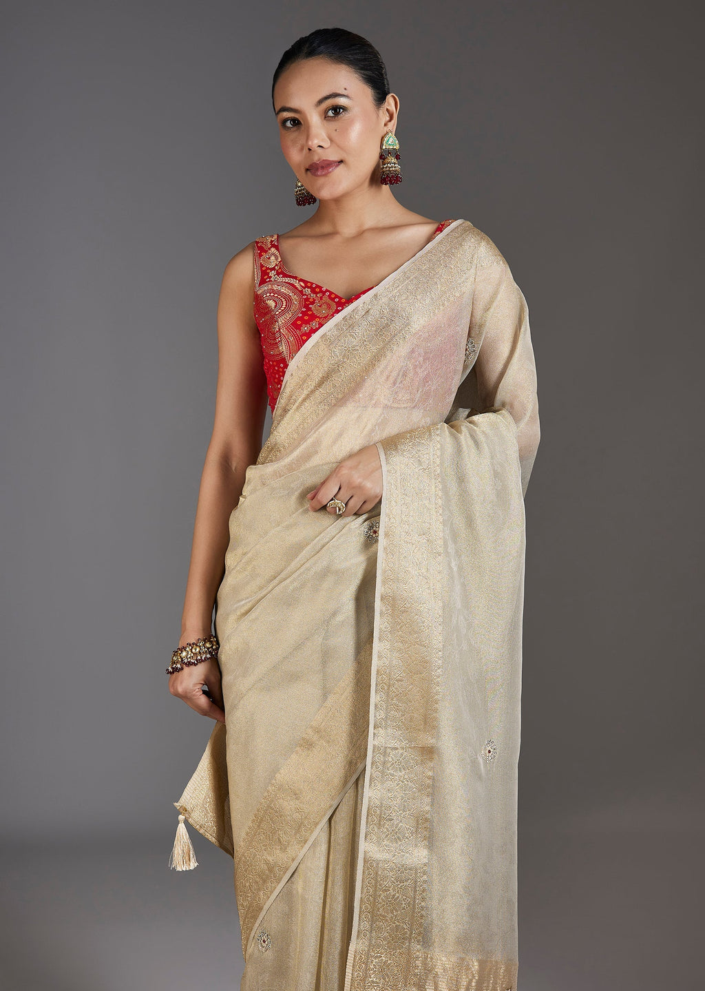 Ivory Tissue Embroidered Saree