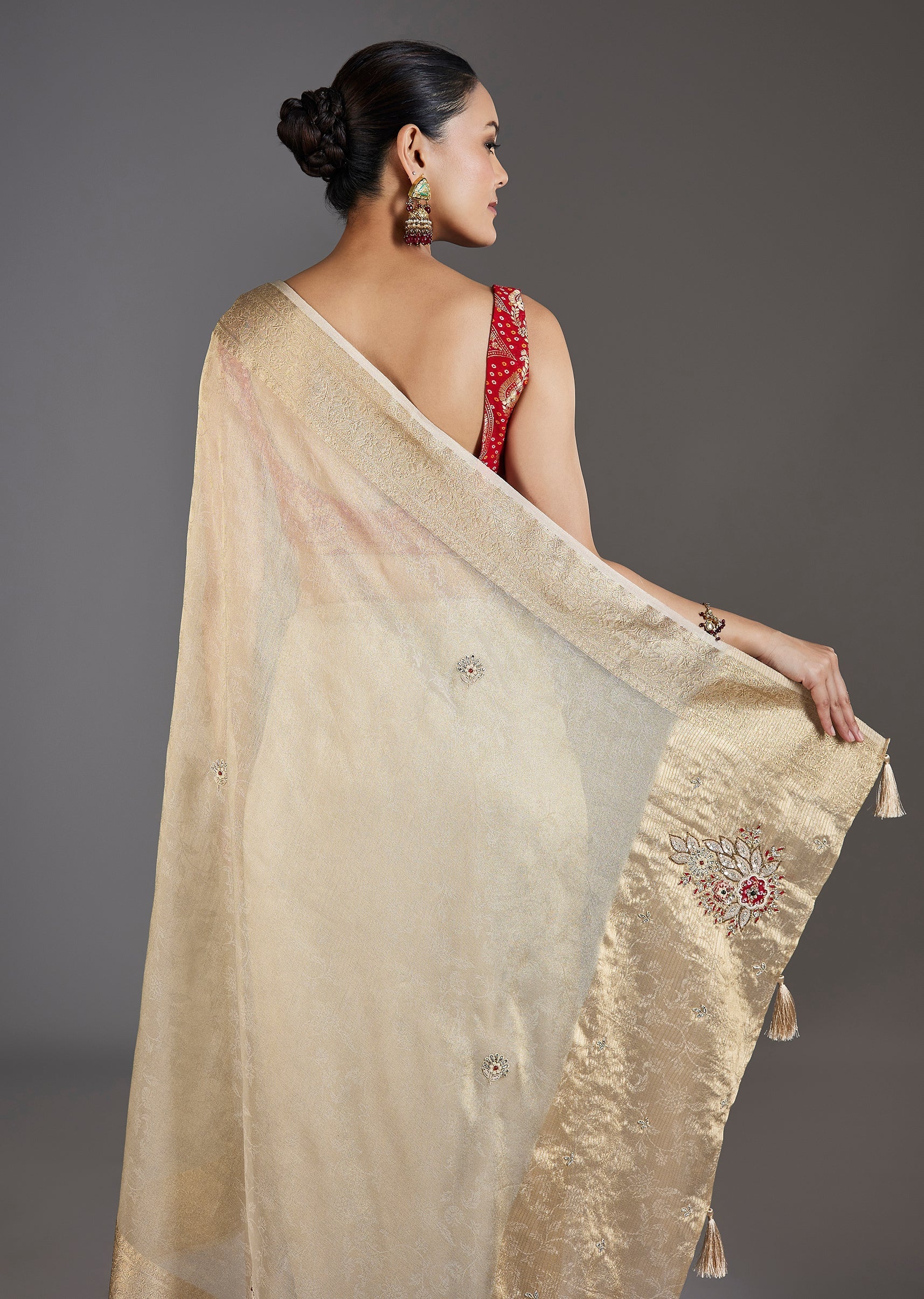 Ivory Tissue Embroidered Saree