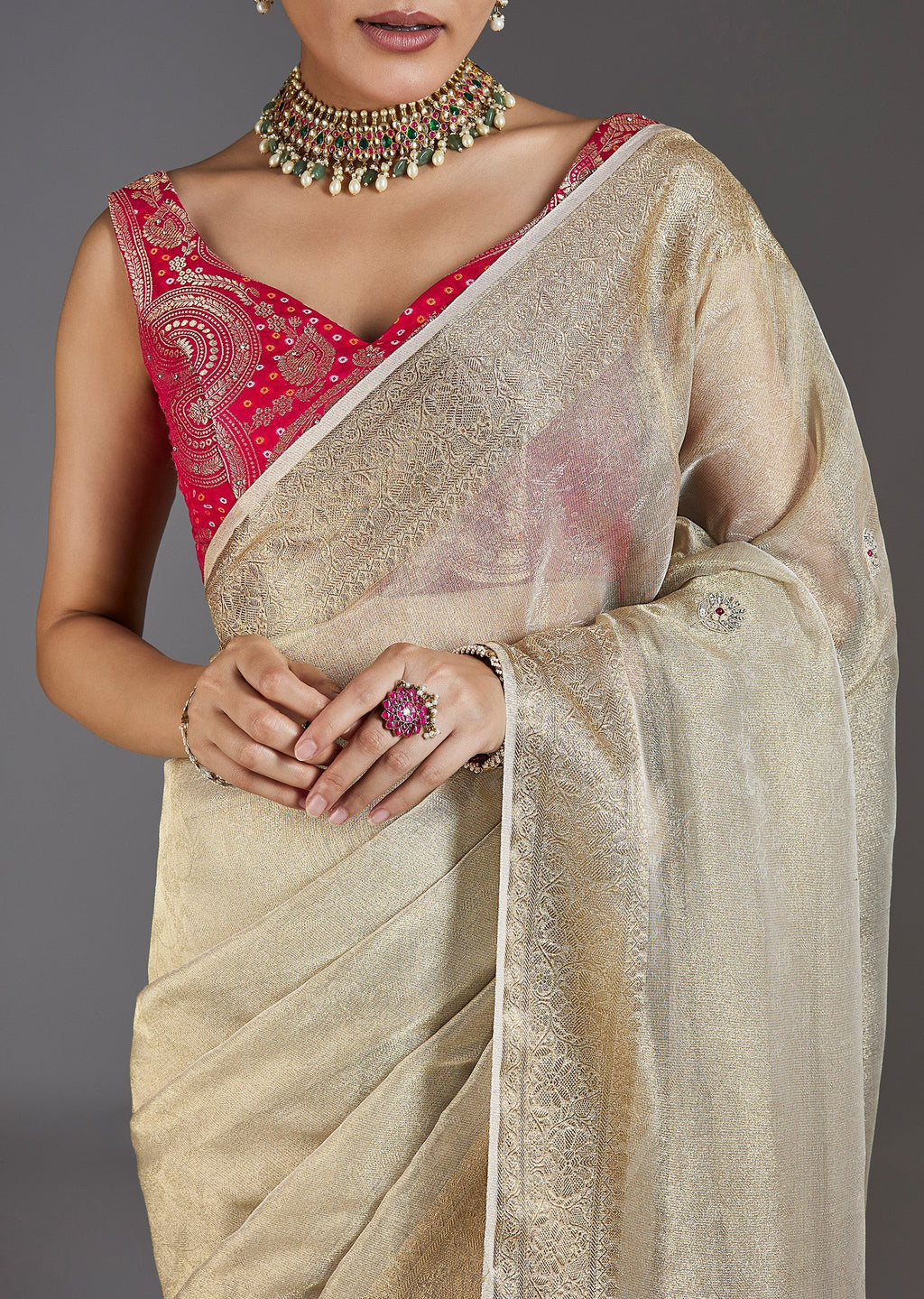 Ivory Tissue Saree With Embroidered Border