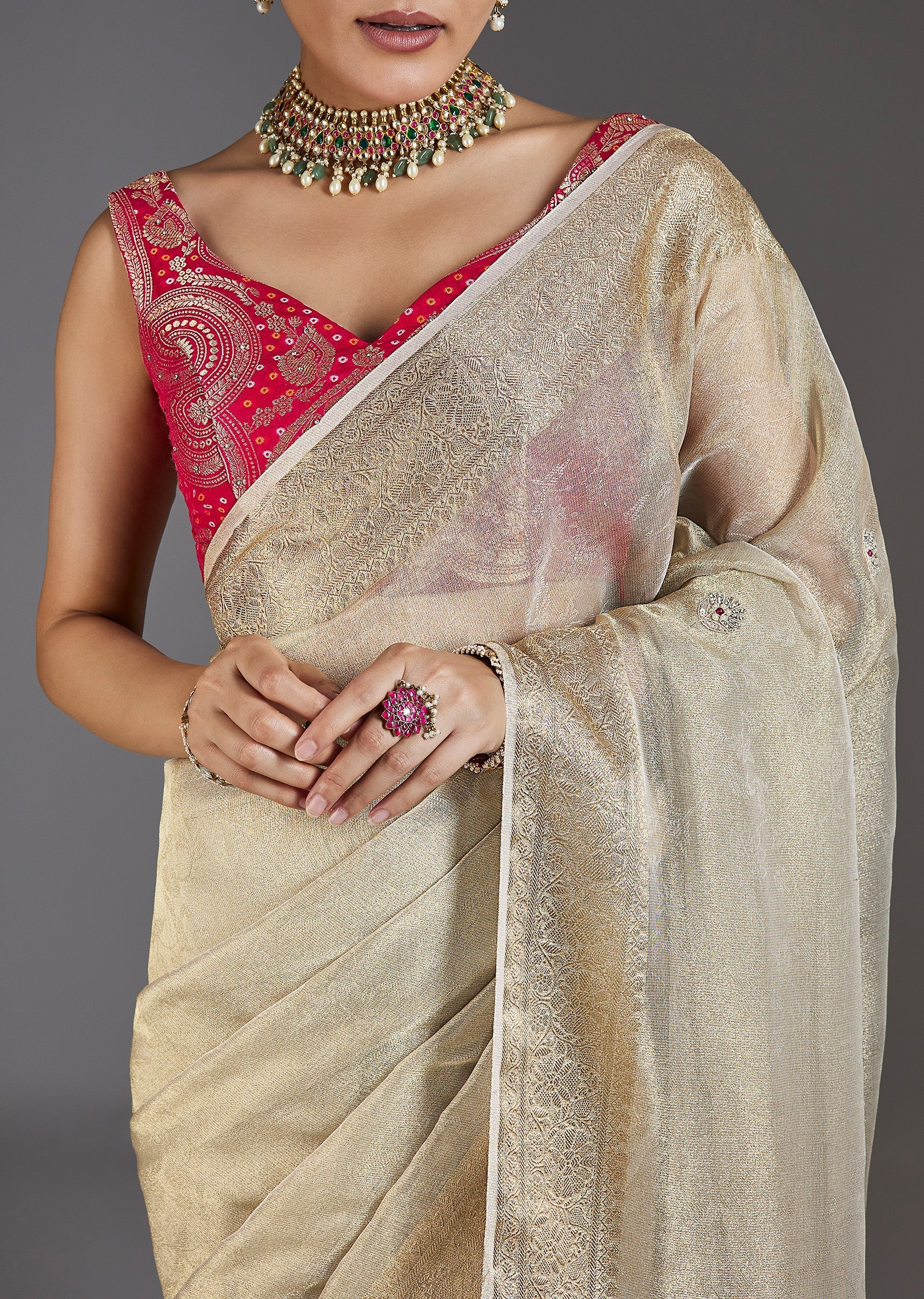 Ivory Tissue Saree With Embroidered Border