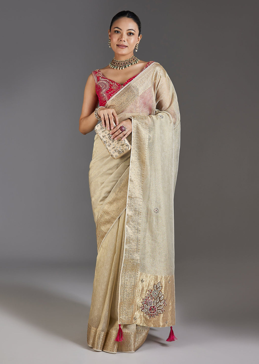 Ivory Tissue Saree With Embroidered Border