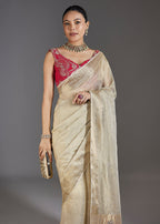 Ivory Tissue Saree With Embroidered Border