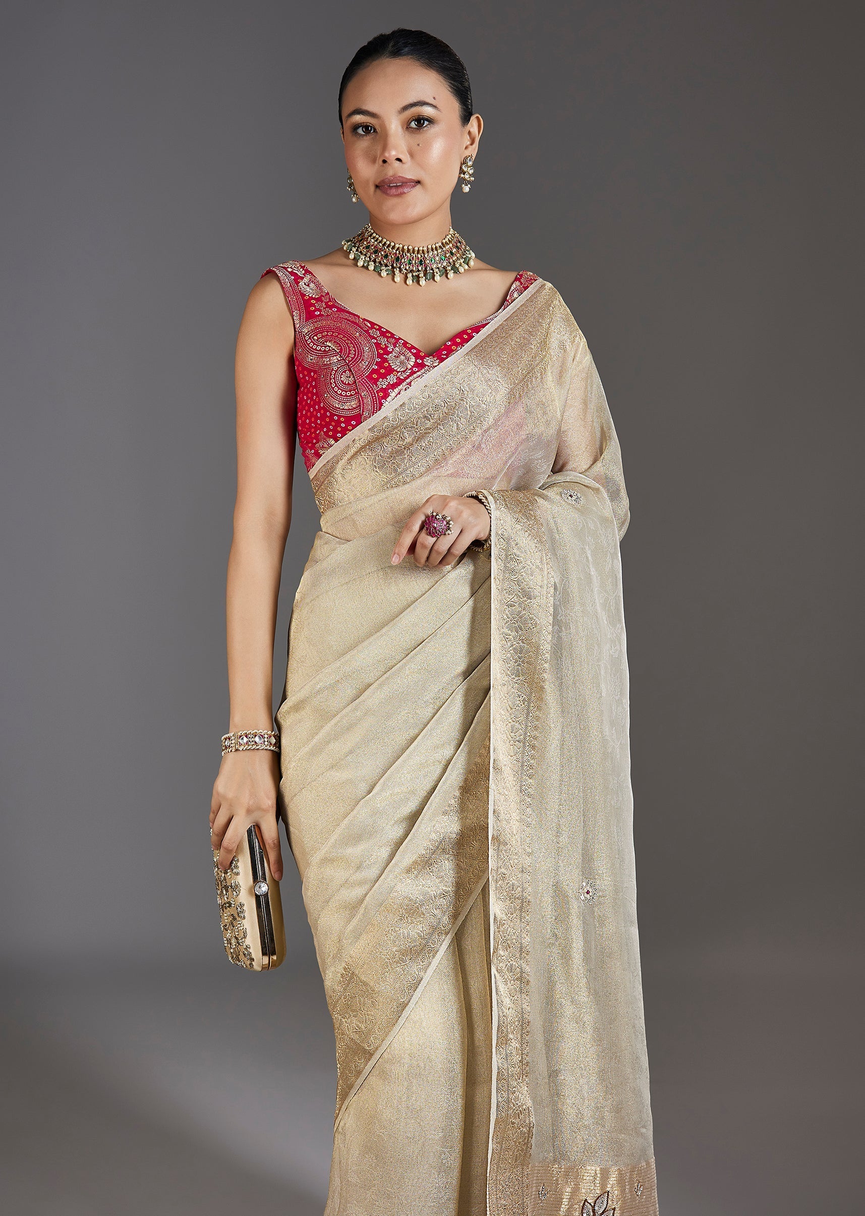 Ivory Tissue Saree With Embroidered Border