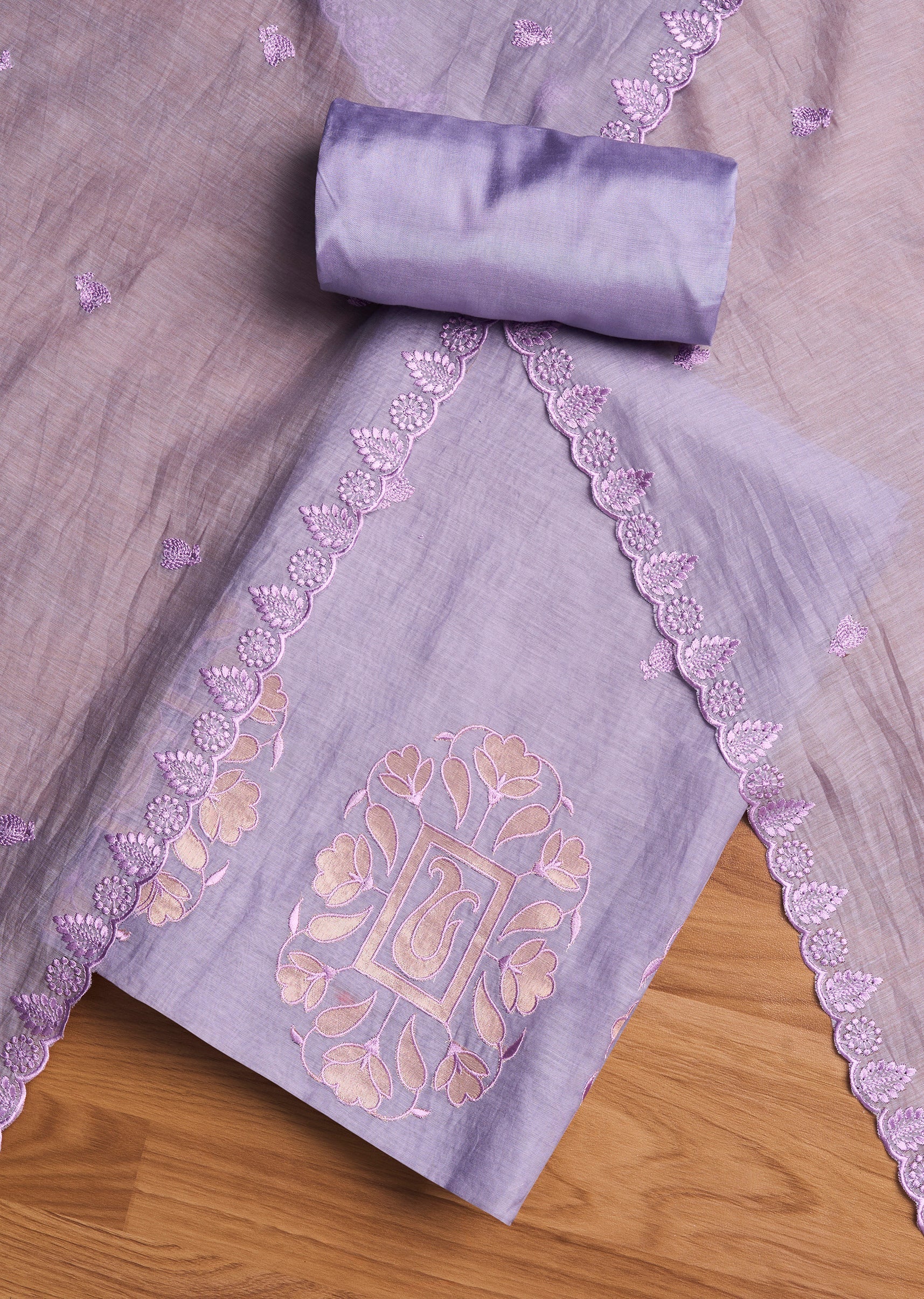Lavender Chanderi Embroidered Unstitched Suit Set