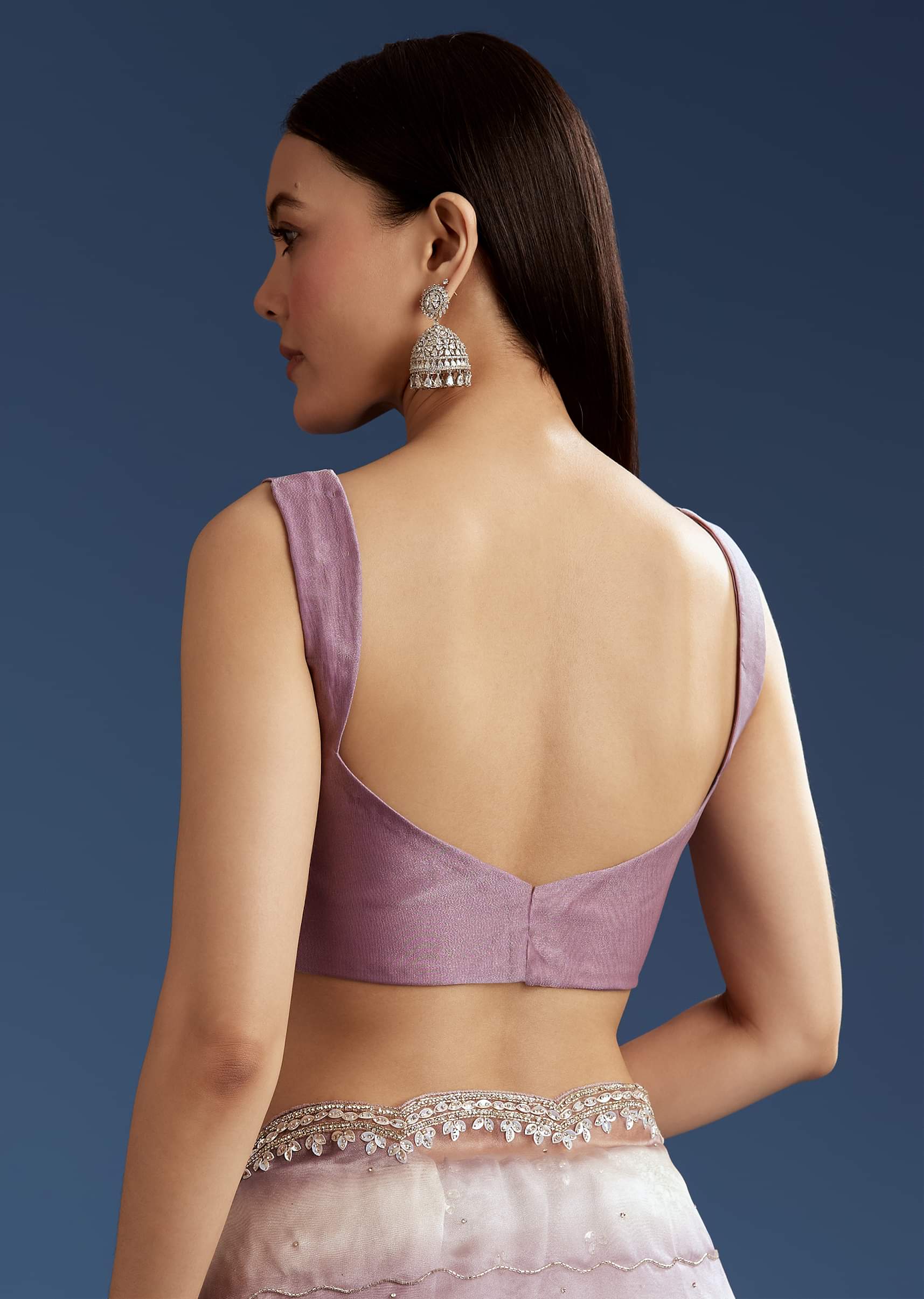 Lavender Shaded Glass Tissue Stone Embellished Saree With Cutdana And Beads