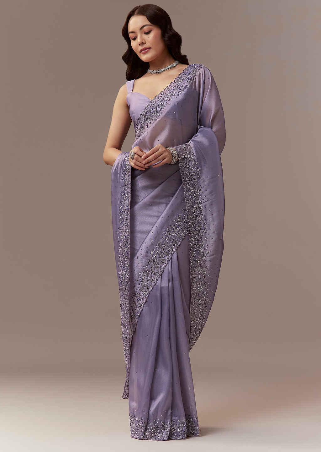Lavender Tissue Saree With Cutdana And Sequin Embroidery