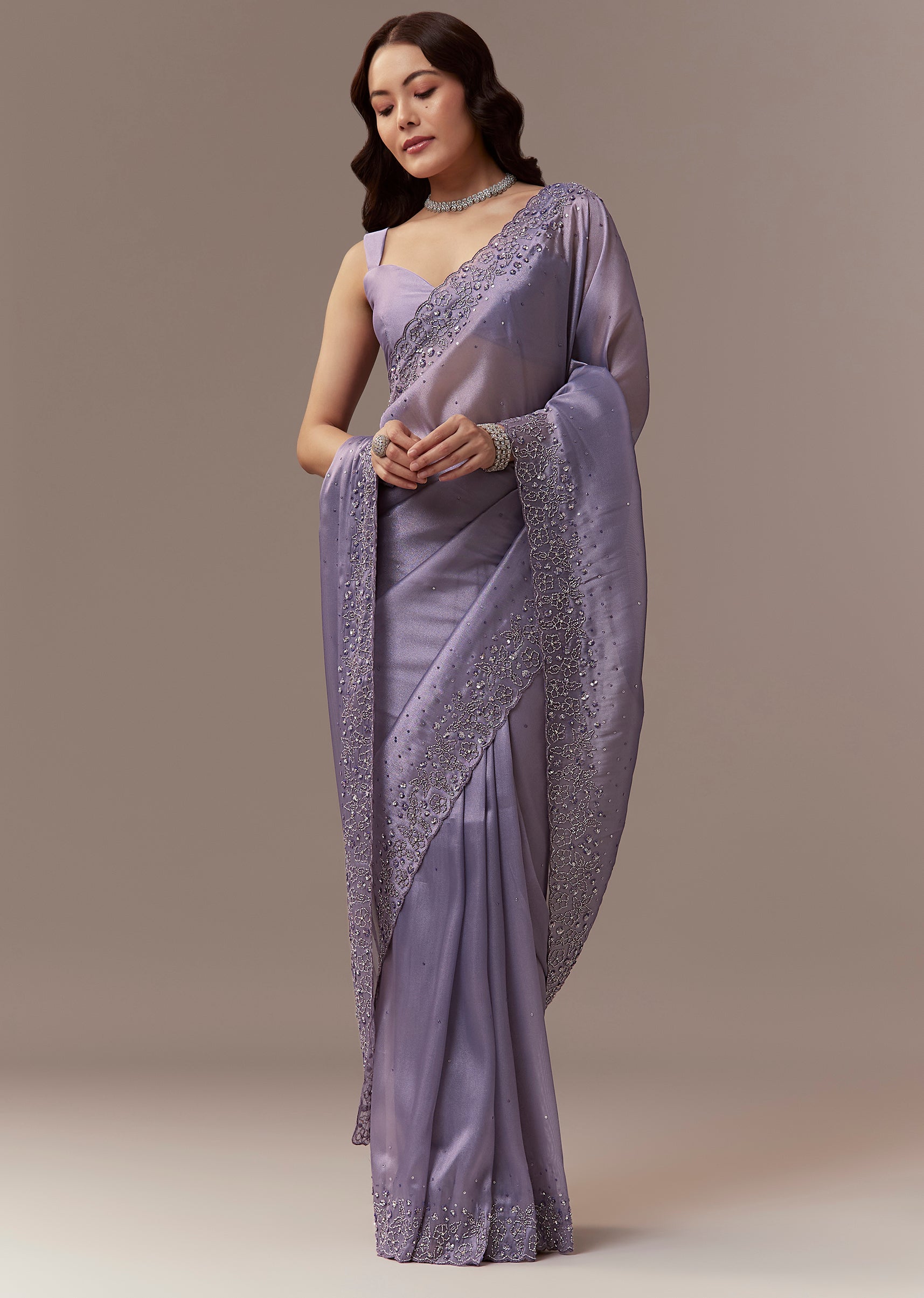 Lavender Tissue Saree With Cutdana And Sequin Embroidery