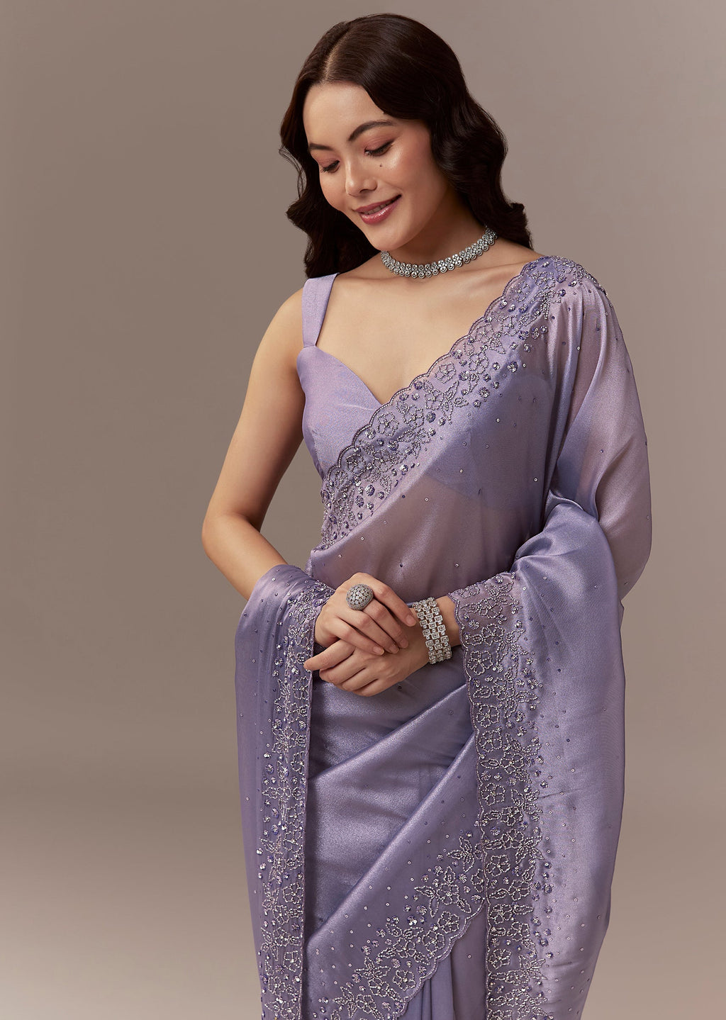 Lavender Tissue Saree With Cutdana And Sequin Embroidery
