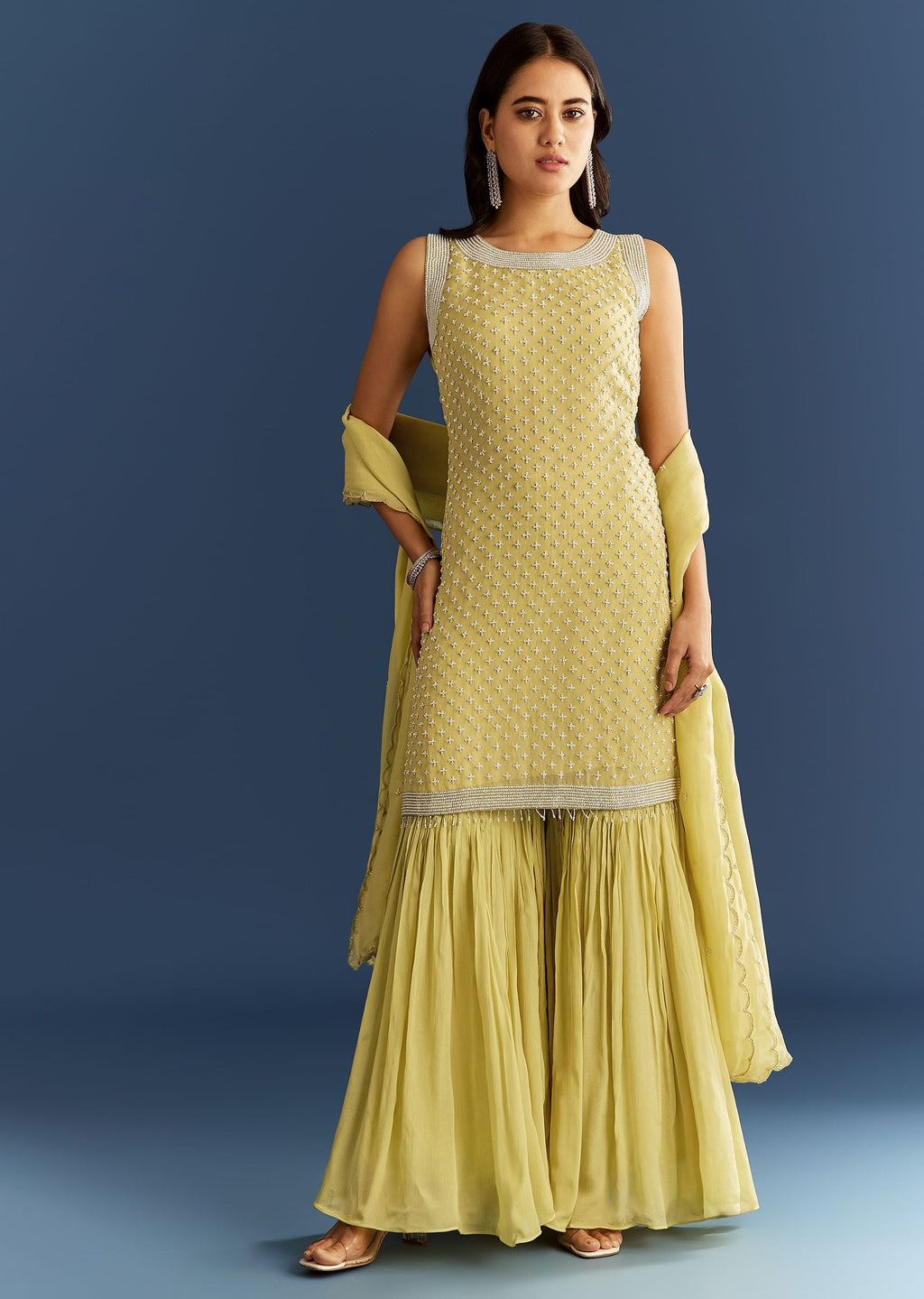 Light Lime Green Organza Kurta Set With Embroidered Scallop Hem Dupatta