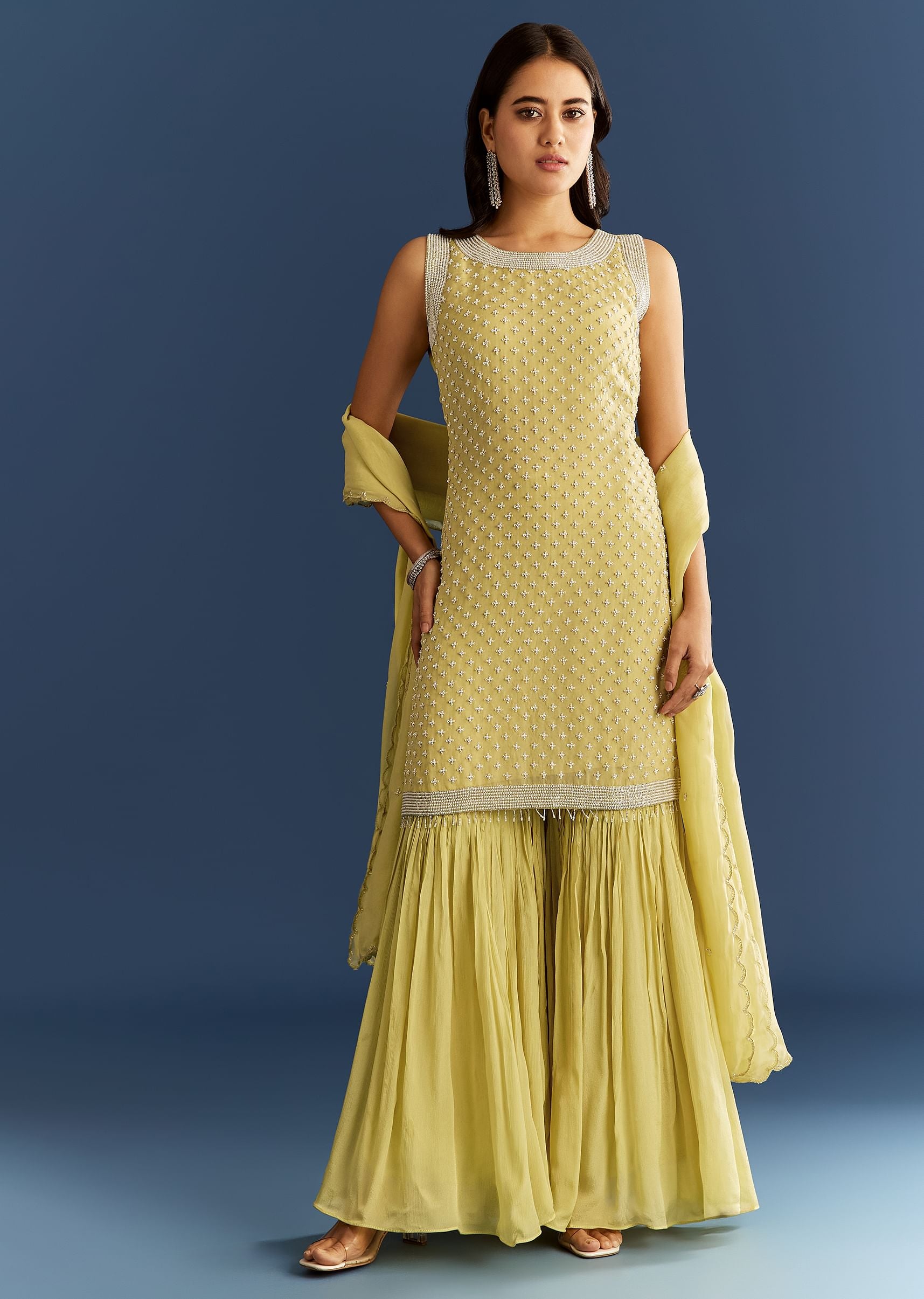 Light Lime Green Organza Kurta Set With Embroidered Scallop Hem Dupatta