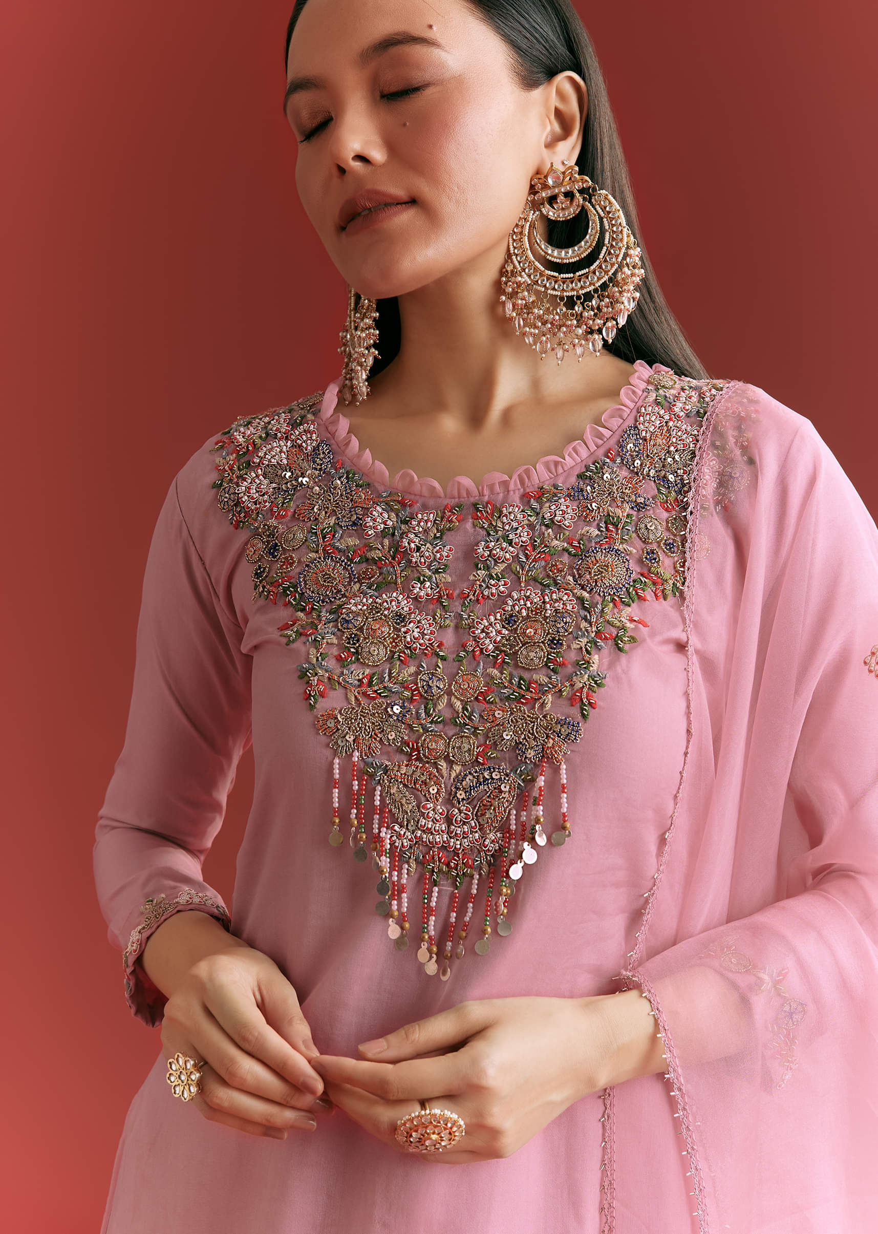 Light Pink Organza Kurta Sharara Suit With Embroidery