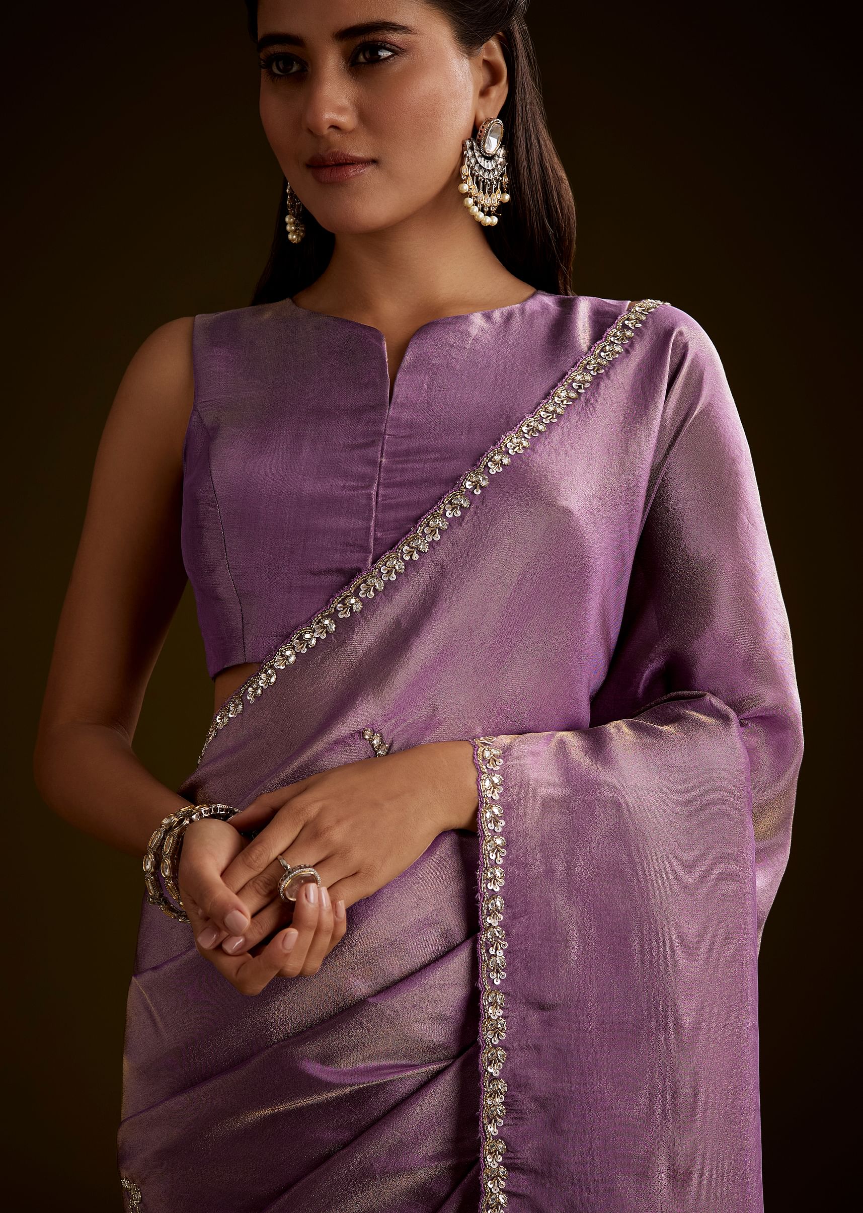 Lilac Tissue Saree With Cutdana Embroidery And Scallop Border