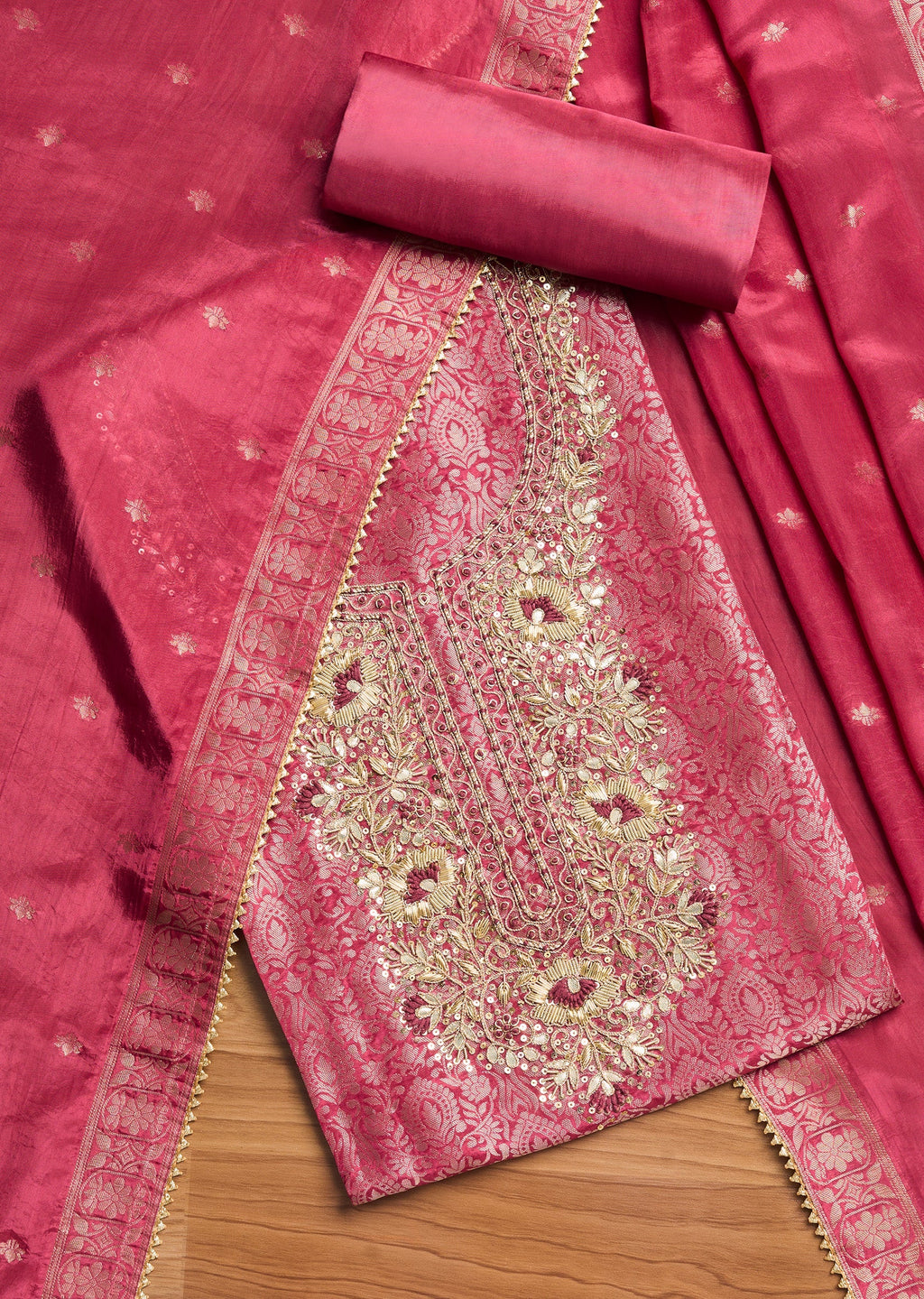Magenta Tissue Brocade Banarasi Embroidered Unstitched Suit Set