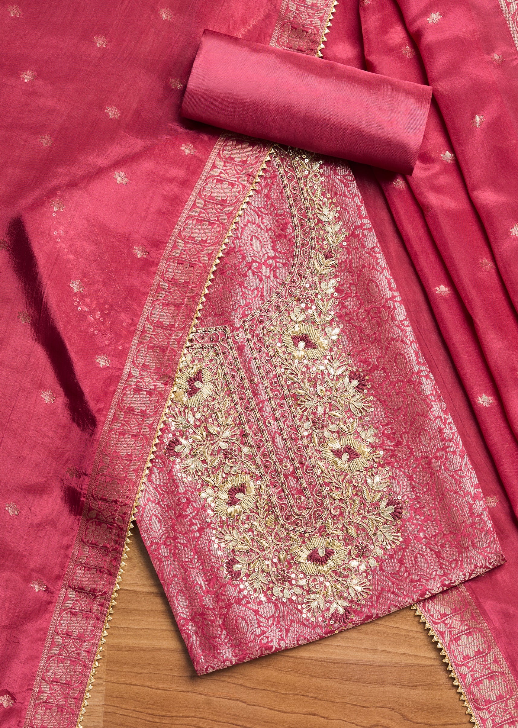 Magenta Tissue Brocade Banarasi Embroidered Unstitched Suit Set