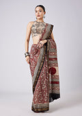 Maroon Block Printed Motif Saree with Unstitched Blouse