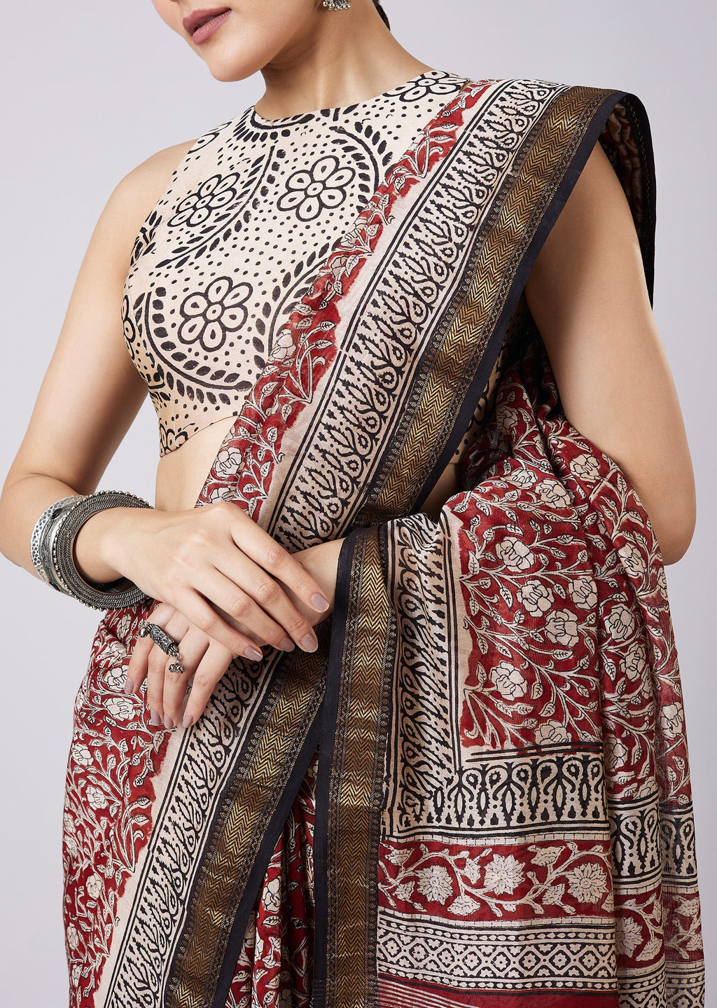 Maroon Block Printed Motif Saree with Unstitched Blouse