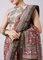 Maroon Block Printed Motif Saree with Unstitched Blouse