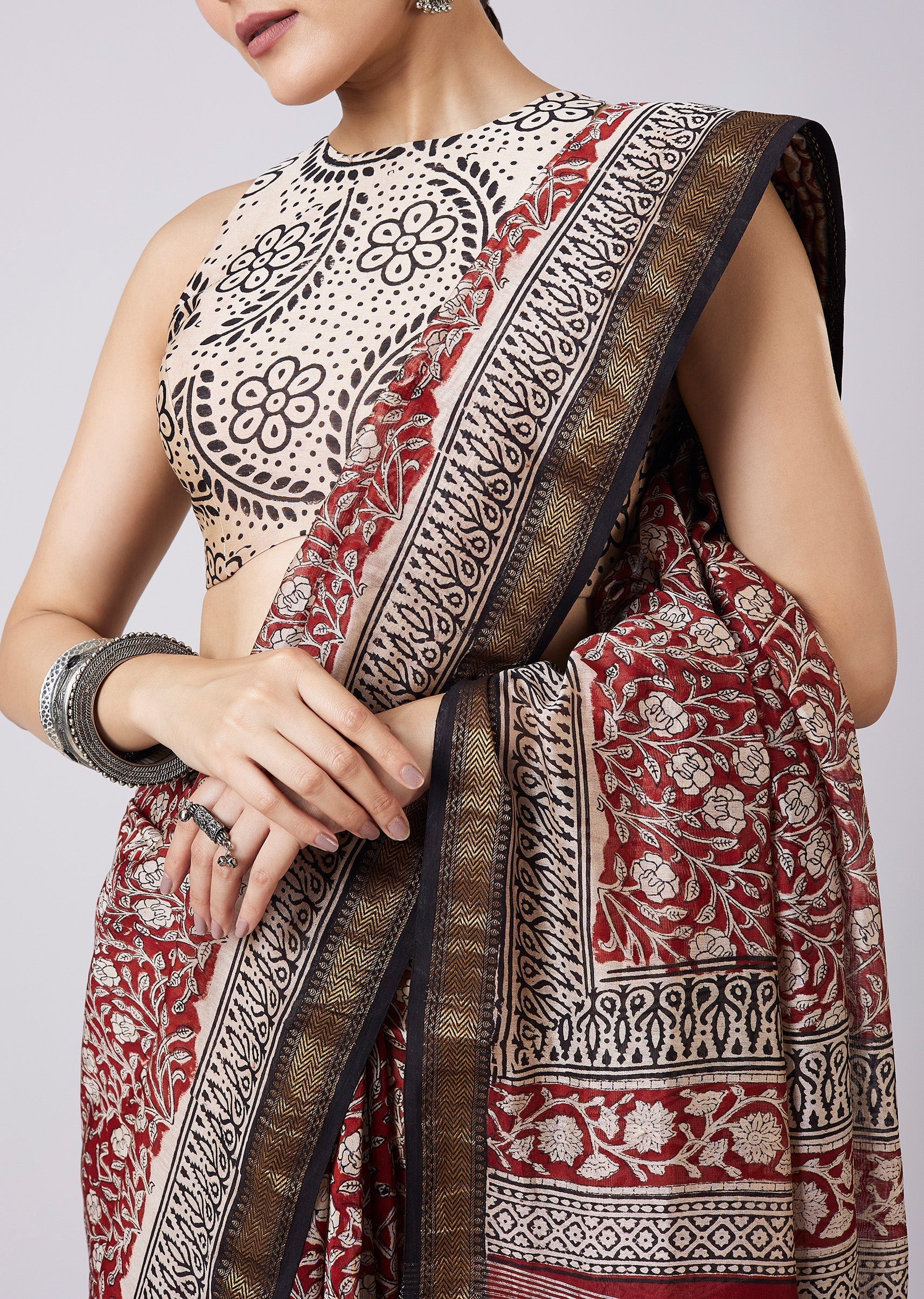 Maroon Block Printed Motif Saree with Unstitched Blouse