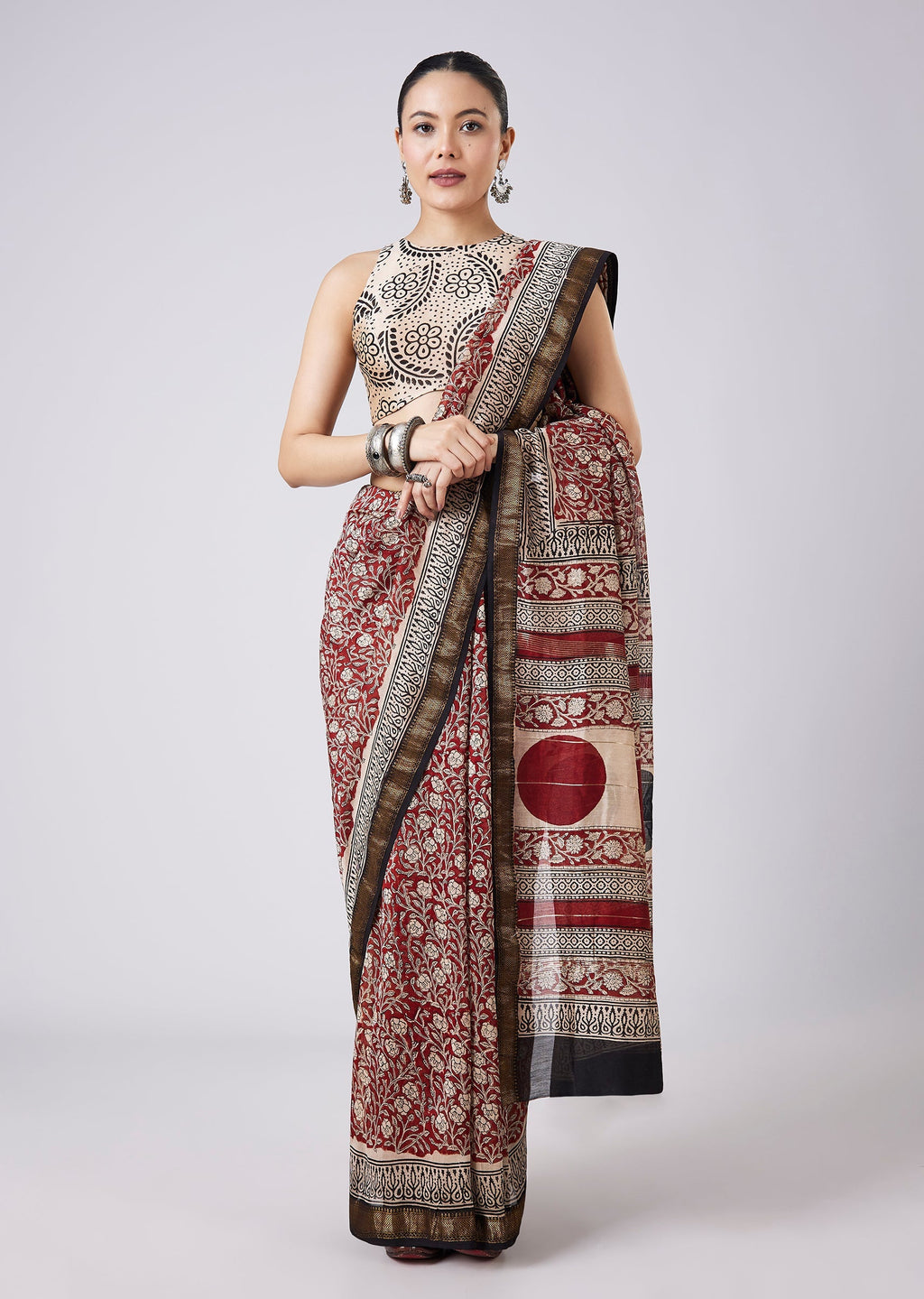 Maroon Block Printed Motif Saree with Unstitched Blouse