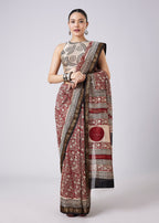 Maroon Block Printed Motif Saree with Unstitched Blouse