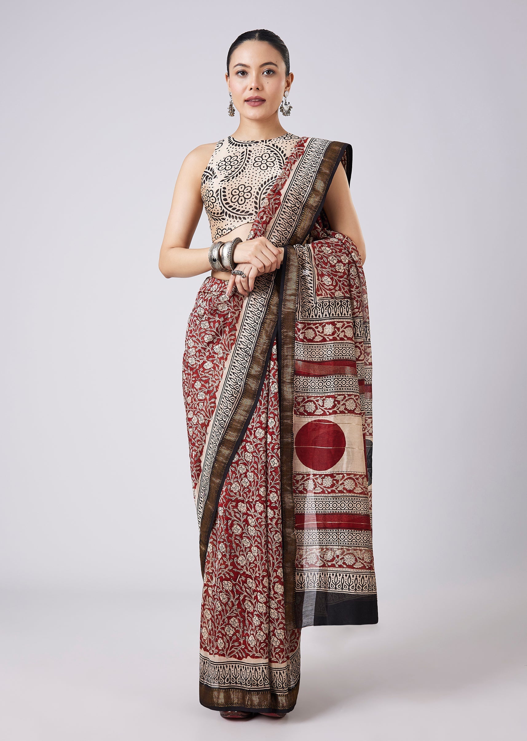 Maroon Block Printed Motif Saree with Unstitched Blouse