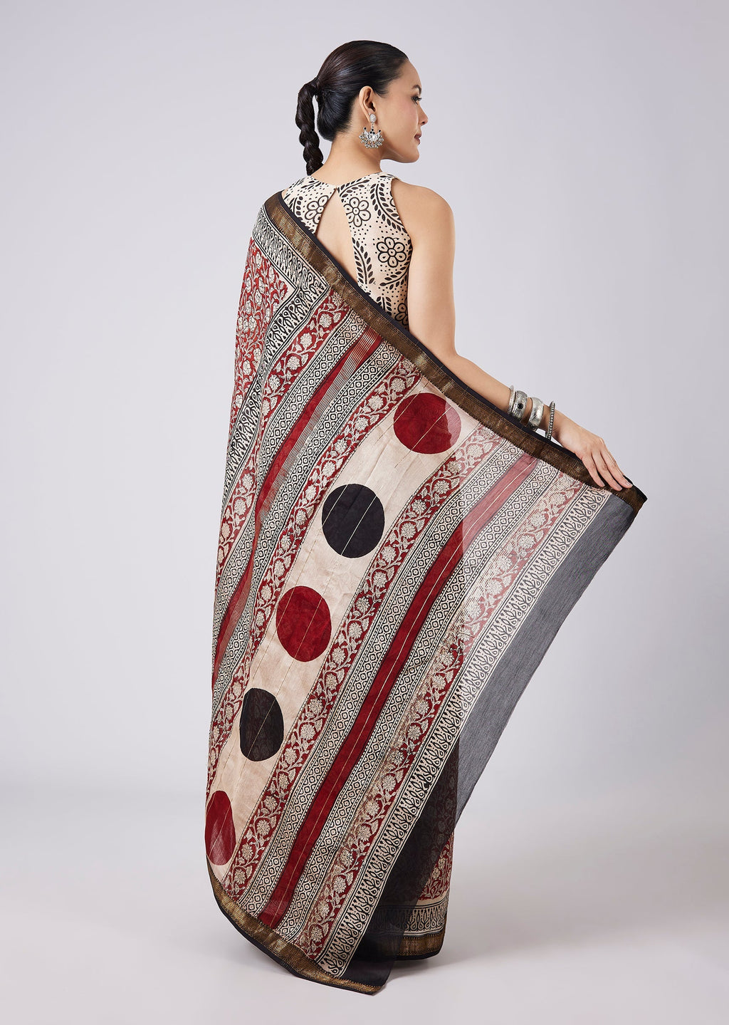Maroon Block Printed Motif Saree with Unstitched Blouse