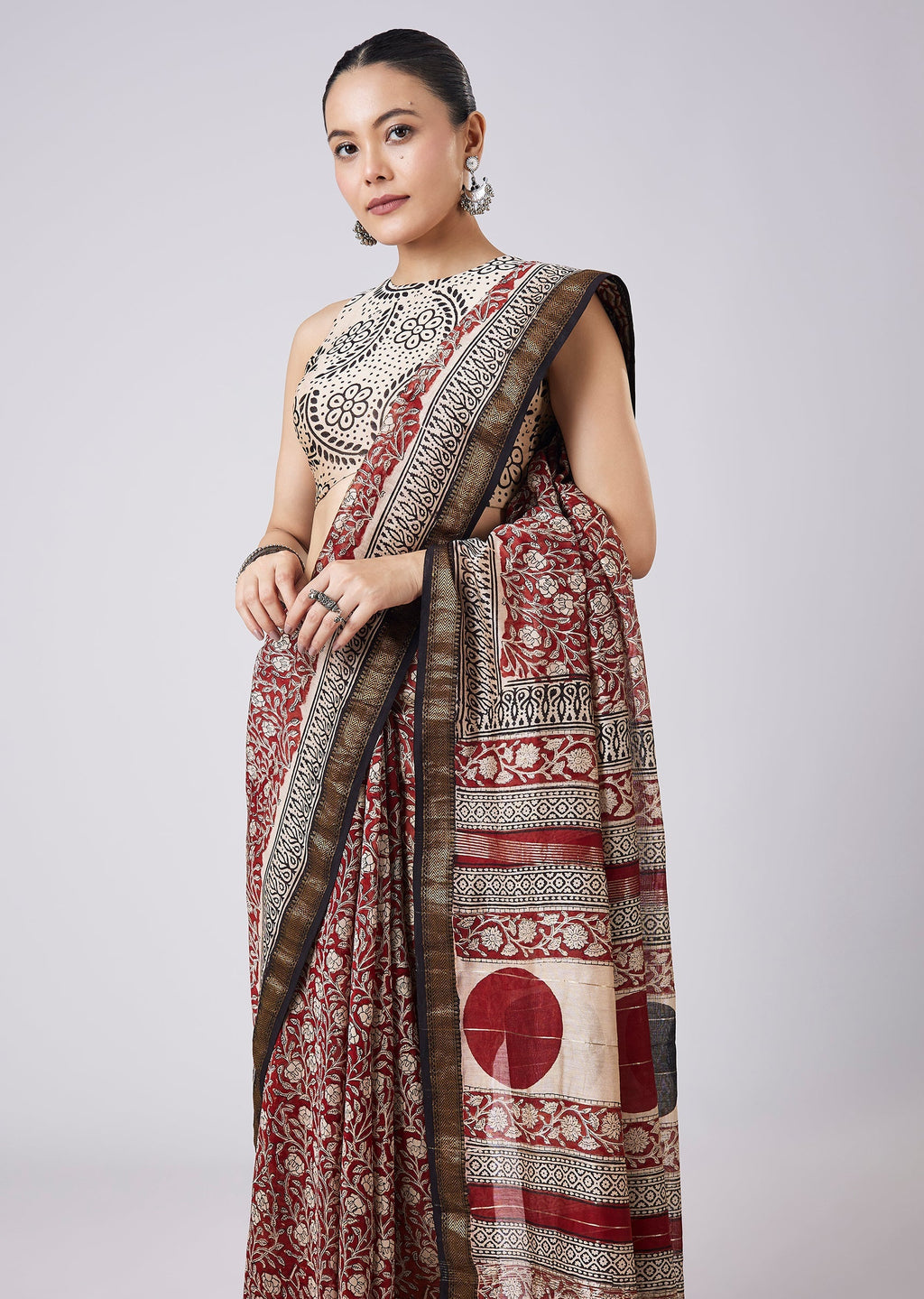 Maroon Block Printed Motif Saree with Unstitched Blouse