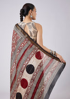 Maroon Block Printed Motif Saree with Unstitched Blouse