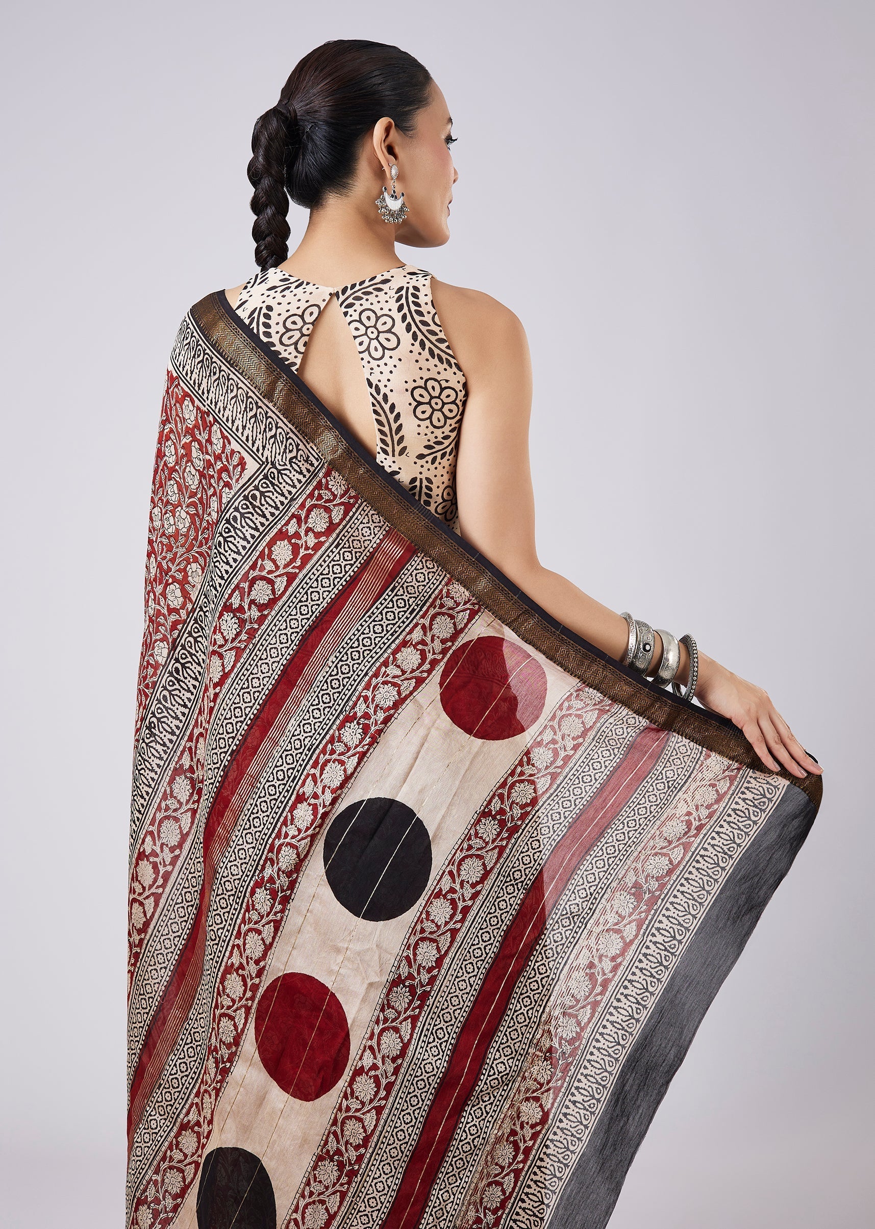 Maroon Block Printed Motif Saree with Unstitched Blouse