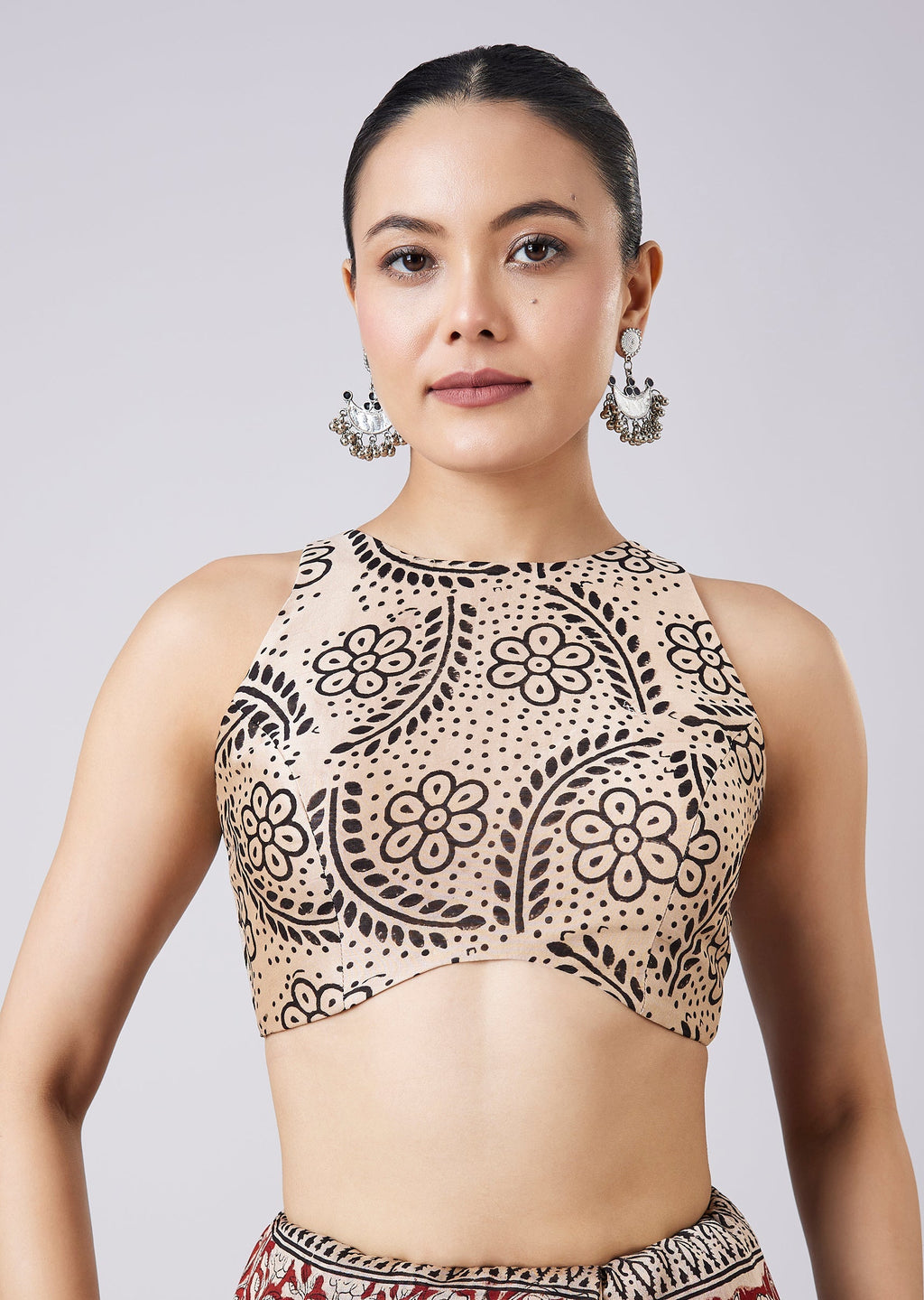 Maroon Block Printed Motif Saree with Unstitched Blouse