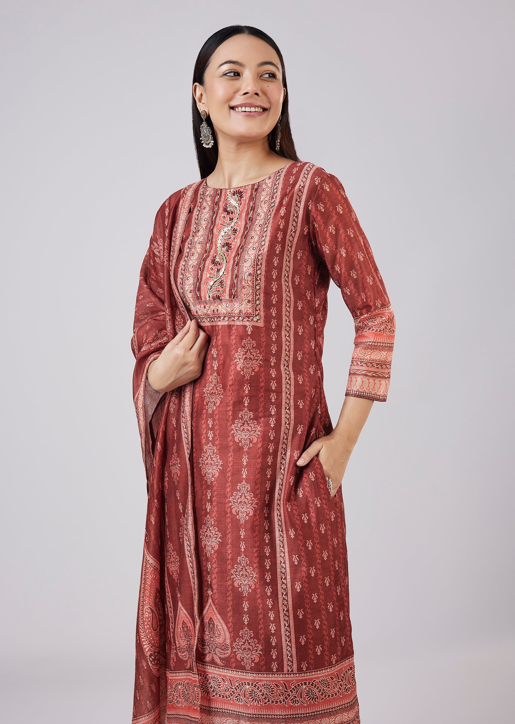 Maroon Chanderi Kurta Set With Sequins Detailing