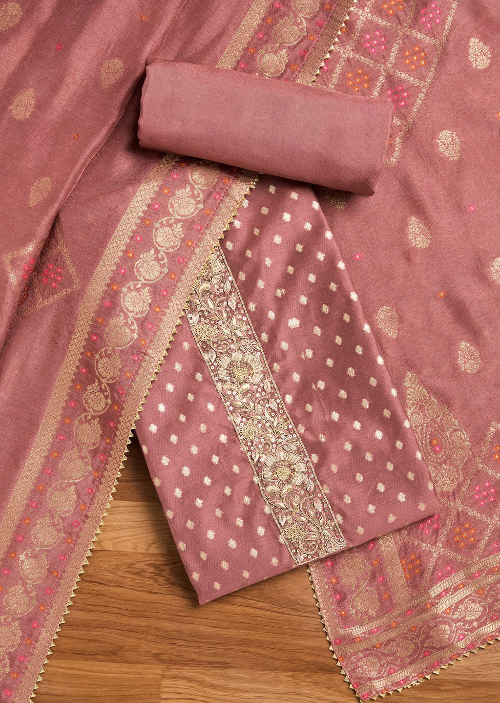 Maroon Chanderi Unstitched Suit With Dupatta