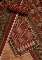 Maroon Cotton Printed Unstitched Suit with Dupatta and Bottom Fabric