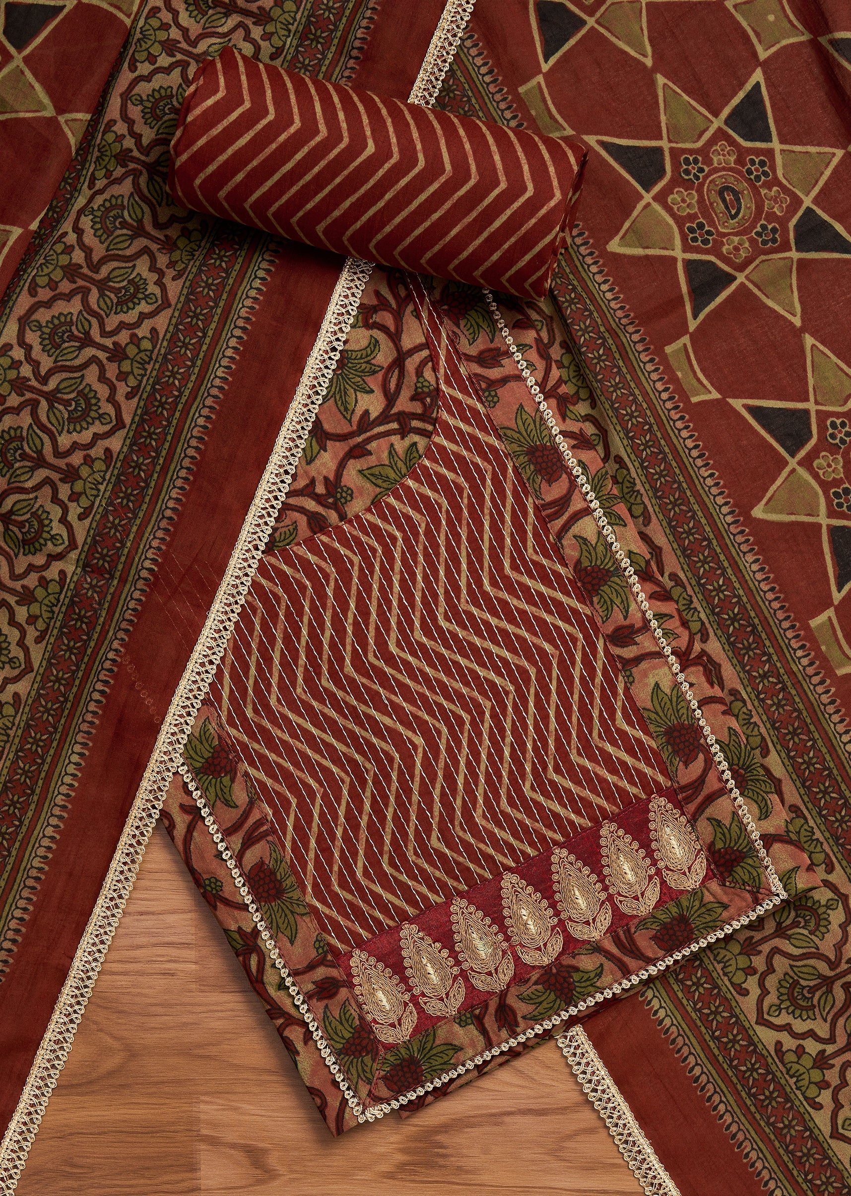 Maroon Cotton Printed Unstitched Suit with Dupatta and Bottom Fabric