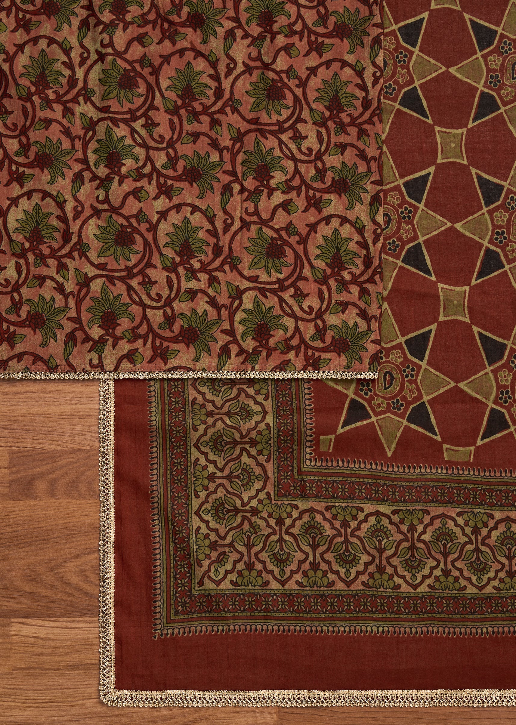 Maroon Cotton Printed Unstitched Suit with Dupatta and Bottom Fabric