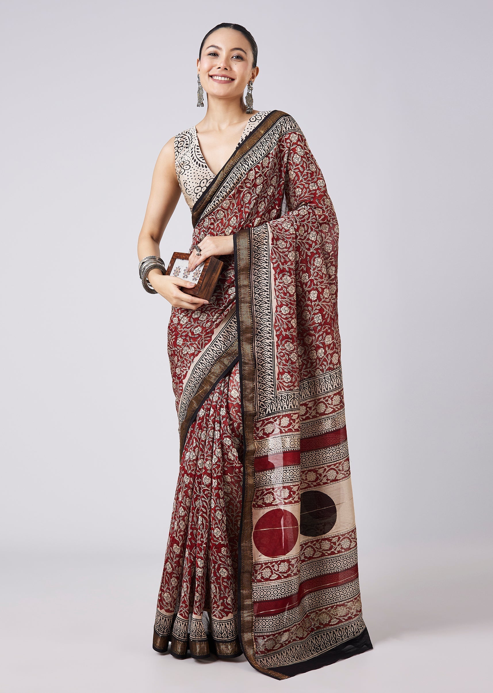 Maroon Printed Saree with Unstitched Blouse