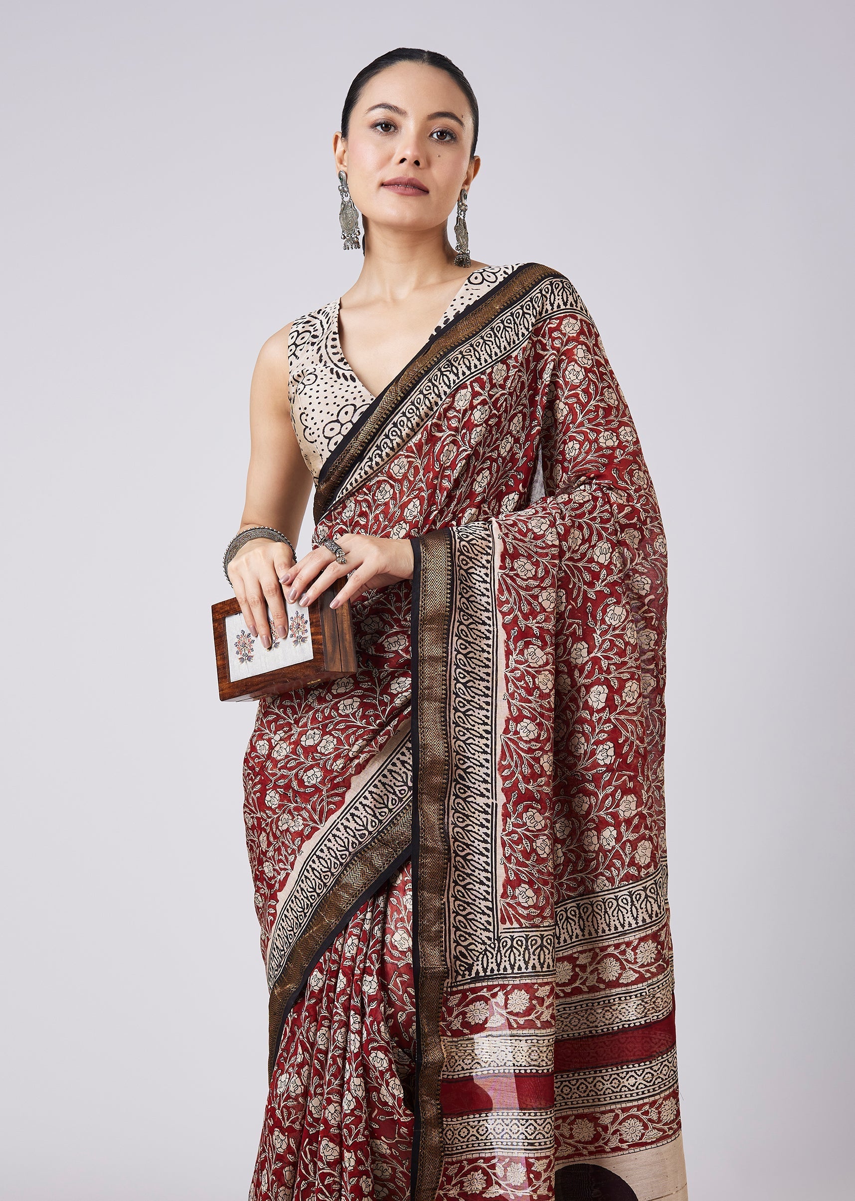 Maroon Printed Saree with Unstitched Blouse
