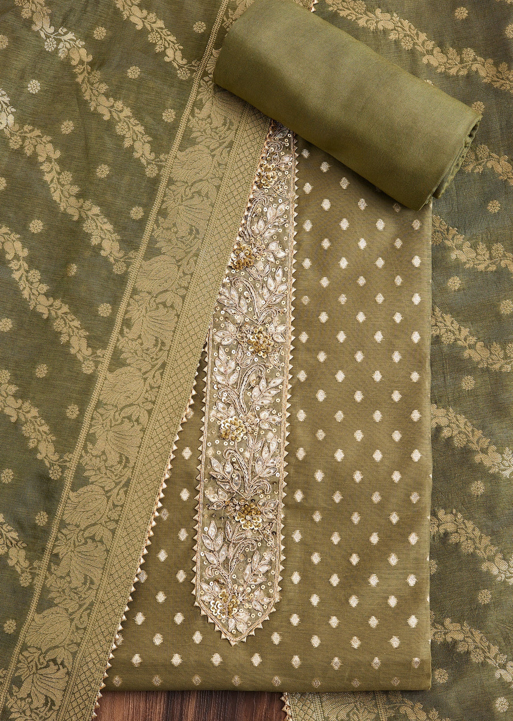 Mehendi Green Chanderi Unstitched Suit